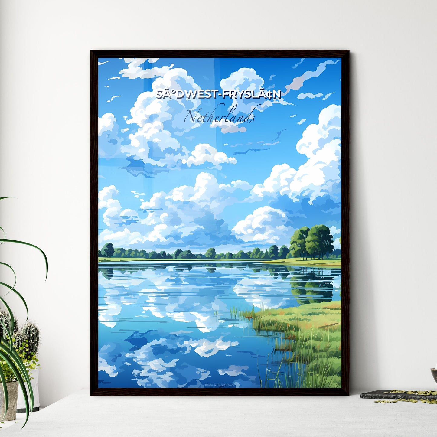 SãºDwest-Fryslã¢N, Netherlands, A Poster of a lake with grass and trees and clouds in the sky Default Title