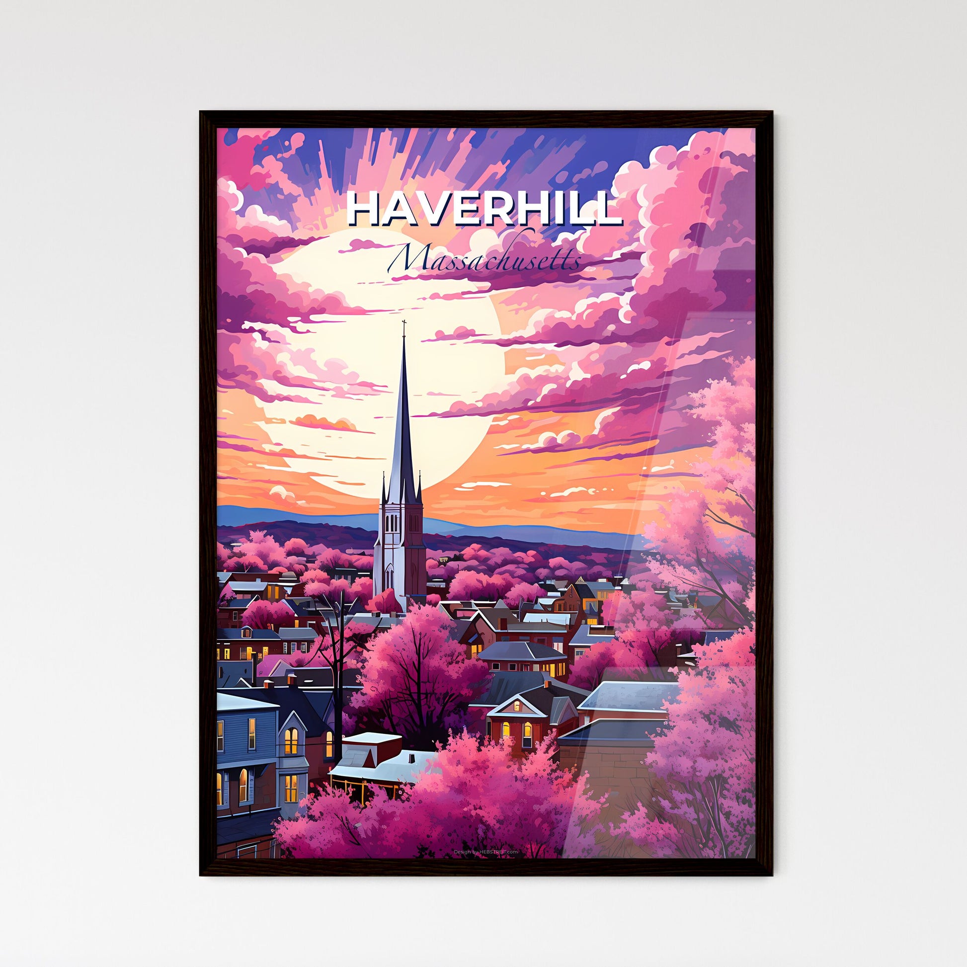 Haverhill, Massachusetts, A Poster of a city with a church tower and pink trees Default Title