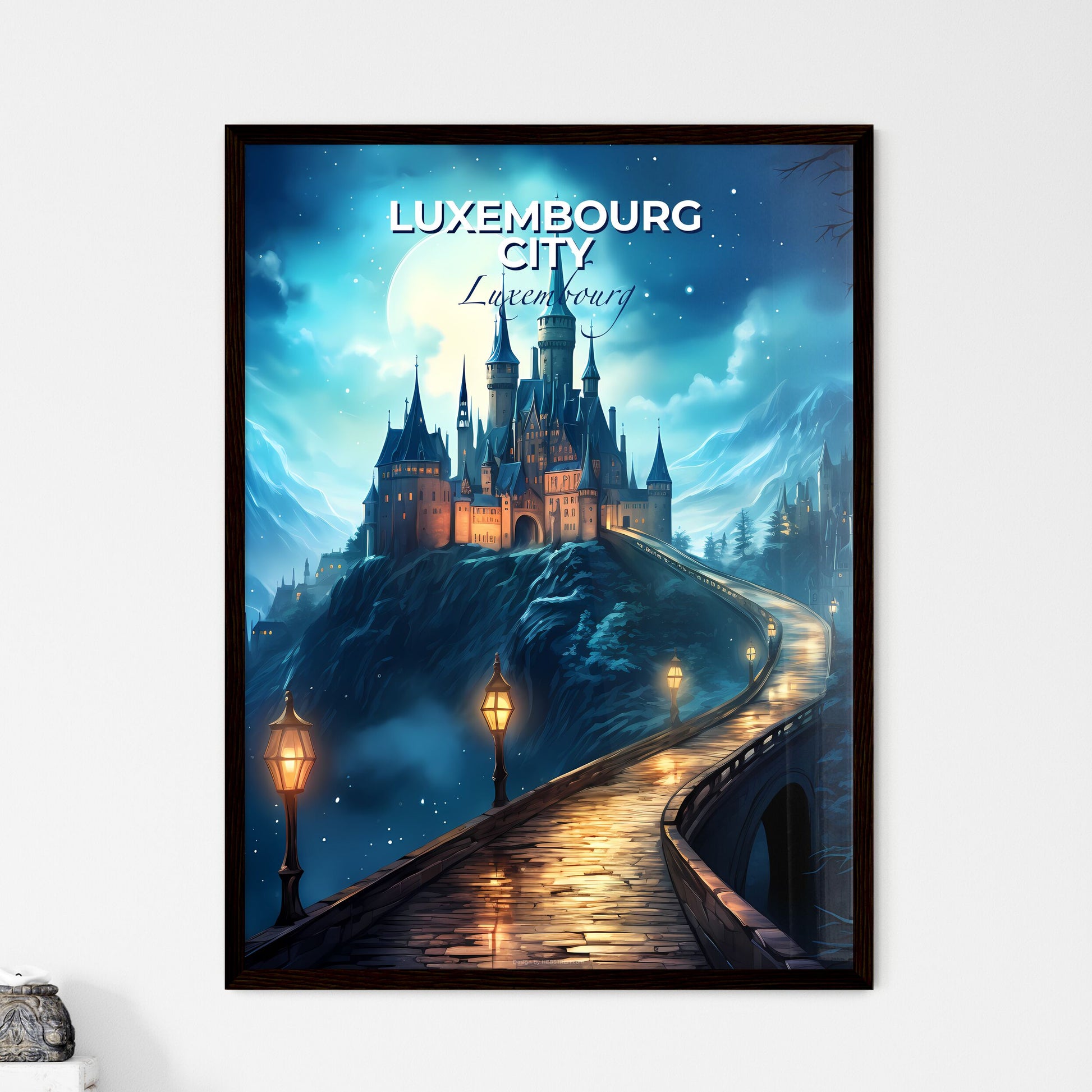 Luxembourg City, Luxembourg, A Poster of a castle on a hill with a bridge and street lamps Default Title