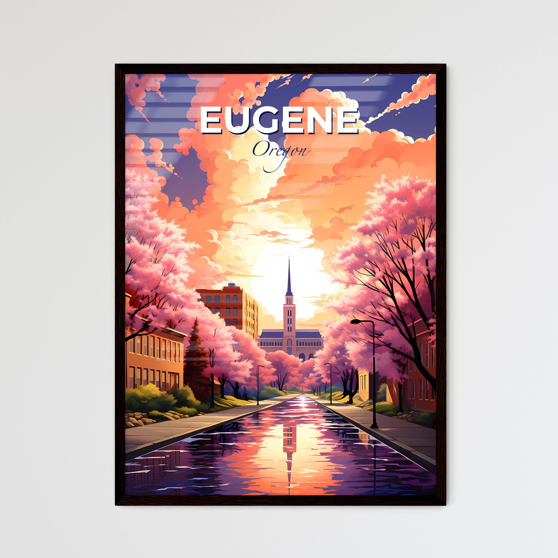 Eugene, Oregon, A Poster of a road with pink trees and buildings and a church Default Title