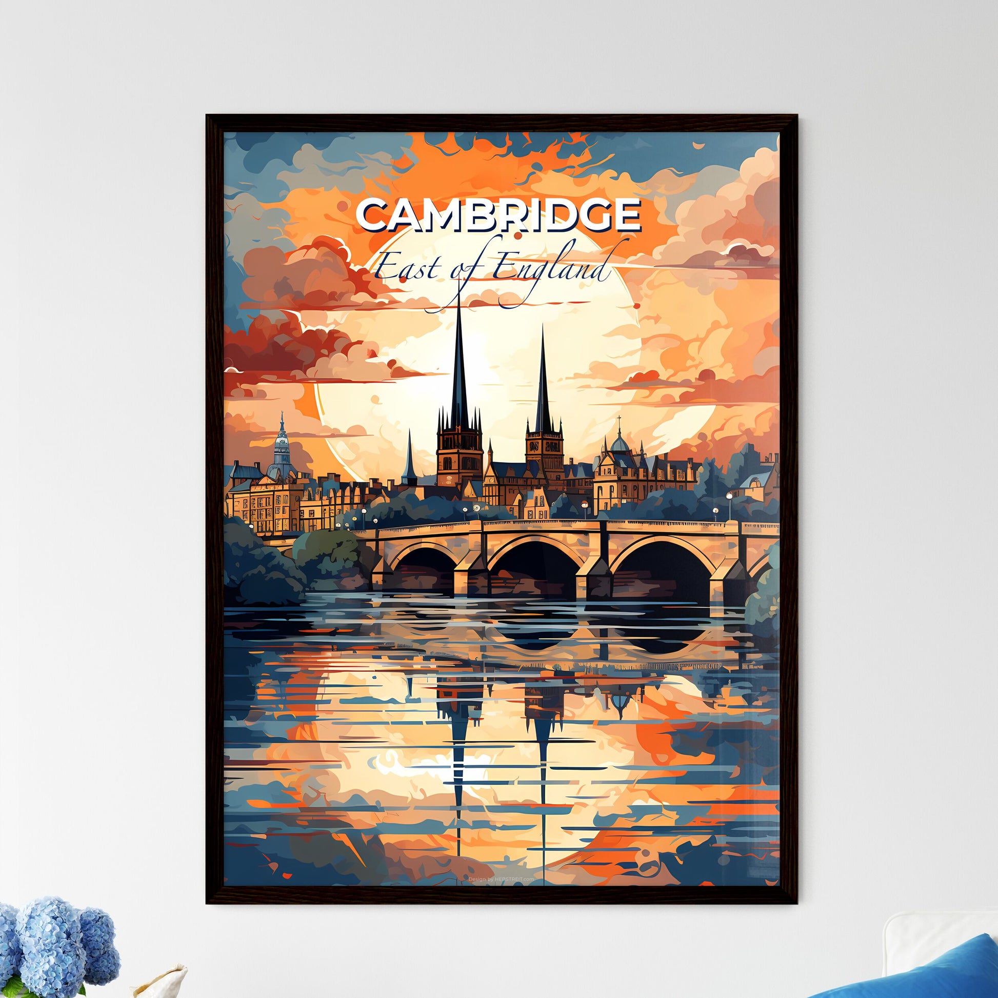 Cambridge, East of England, A Poster of a bridge over water with a large sun behind it Default Title