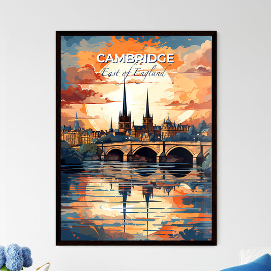 Cambridge, East of England, A Poster of a bridge over water with a large sun behind it Default Title