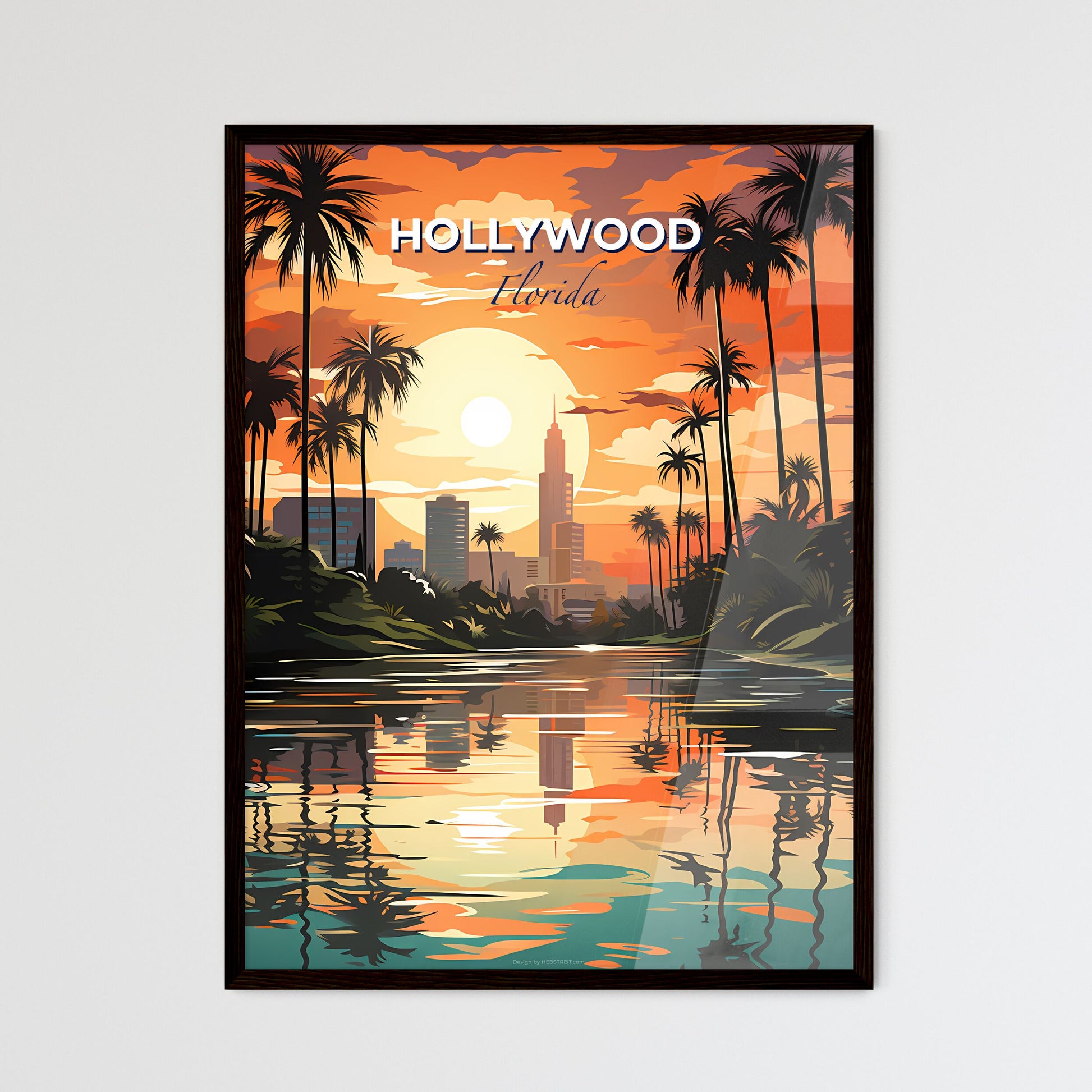 Hollywood, Florida, A Poster of a sunset over a river with palm trees Default Title