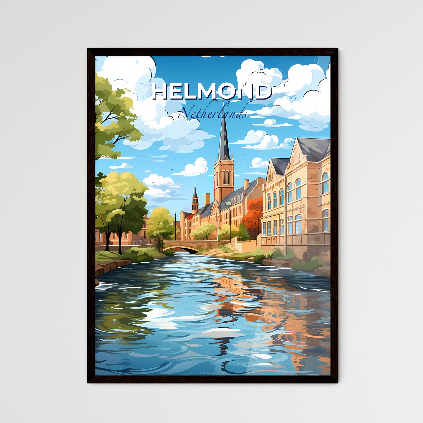 Helmond, Netherlands, A Poster of a river with a church and trees Default Title