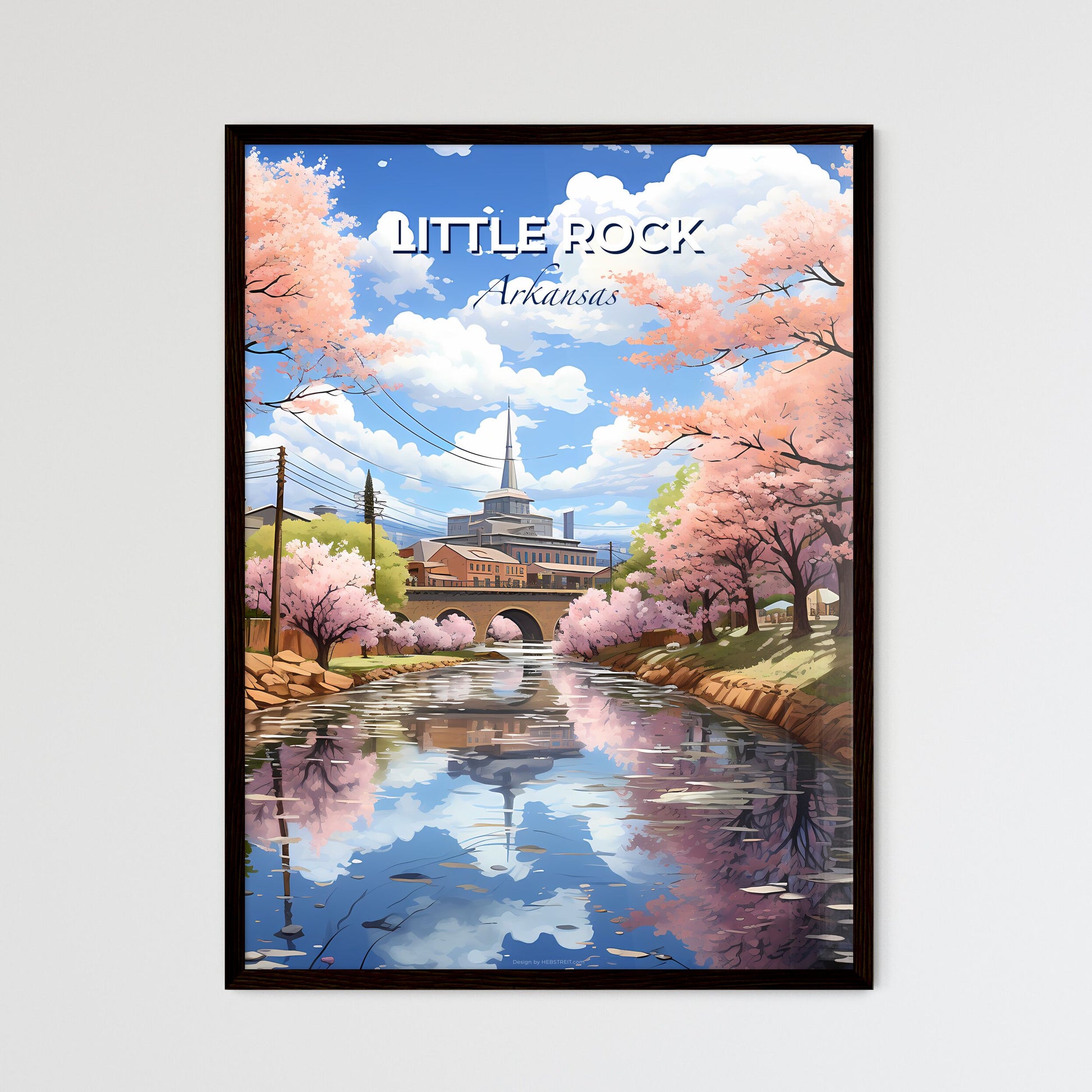 Little Rock, Arkansas, A Poster of a river with pink trees and a bridge Default Title