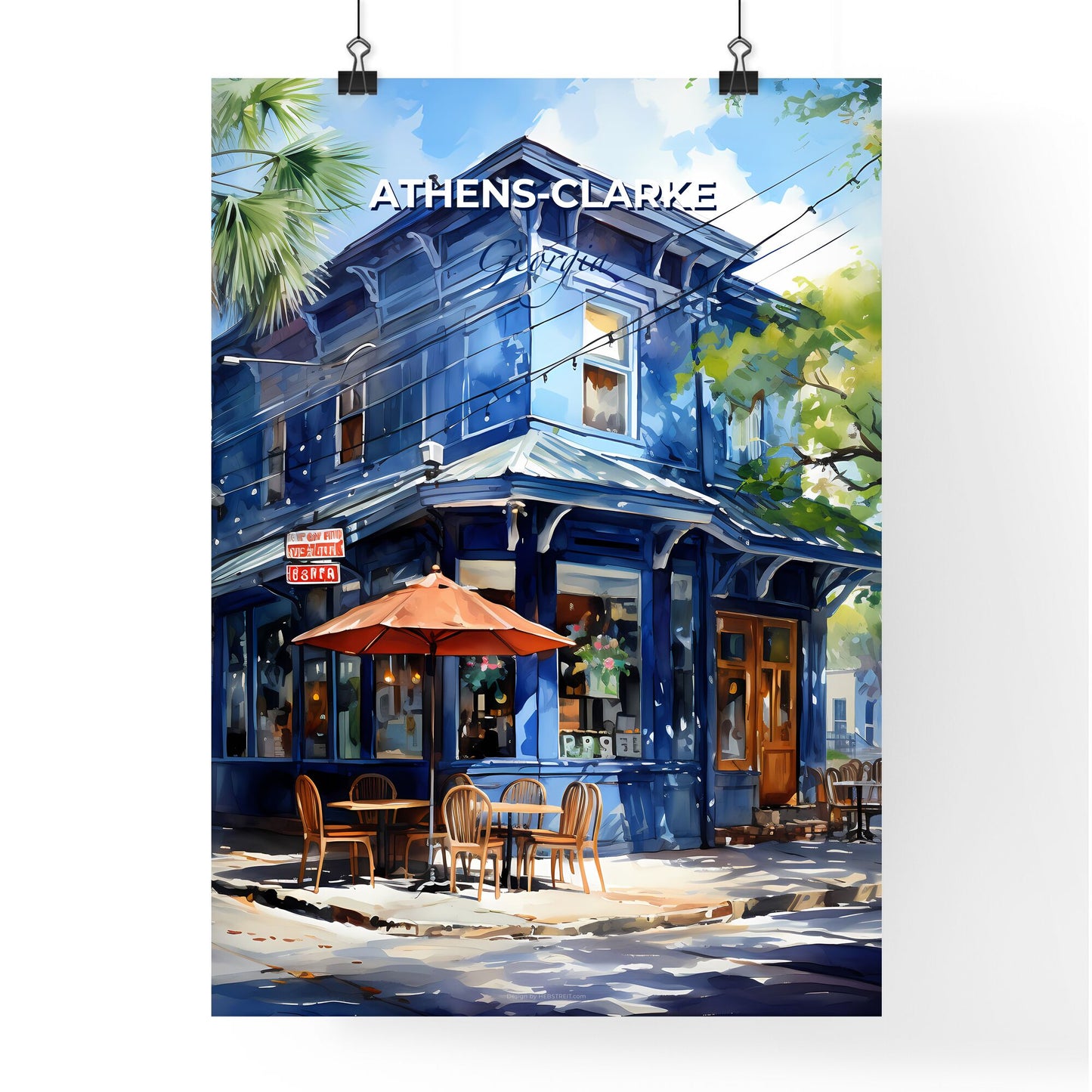 Athens-Clarke, Georgia, A Poster of a blue building with tables and chairs on a street corner Default Title