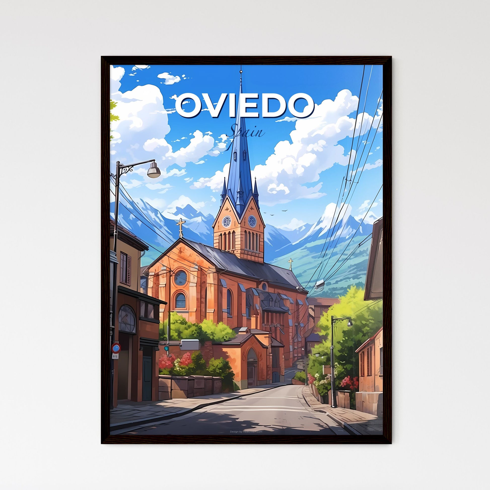 Oviedo, Spain, A Poster of a street with a church and mountains in the background Default Title