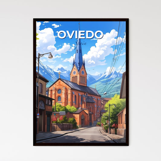 Oviedo, Spain, A Poster of a street with a church and mountains in the background Default Title