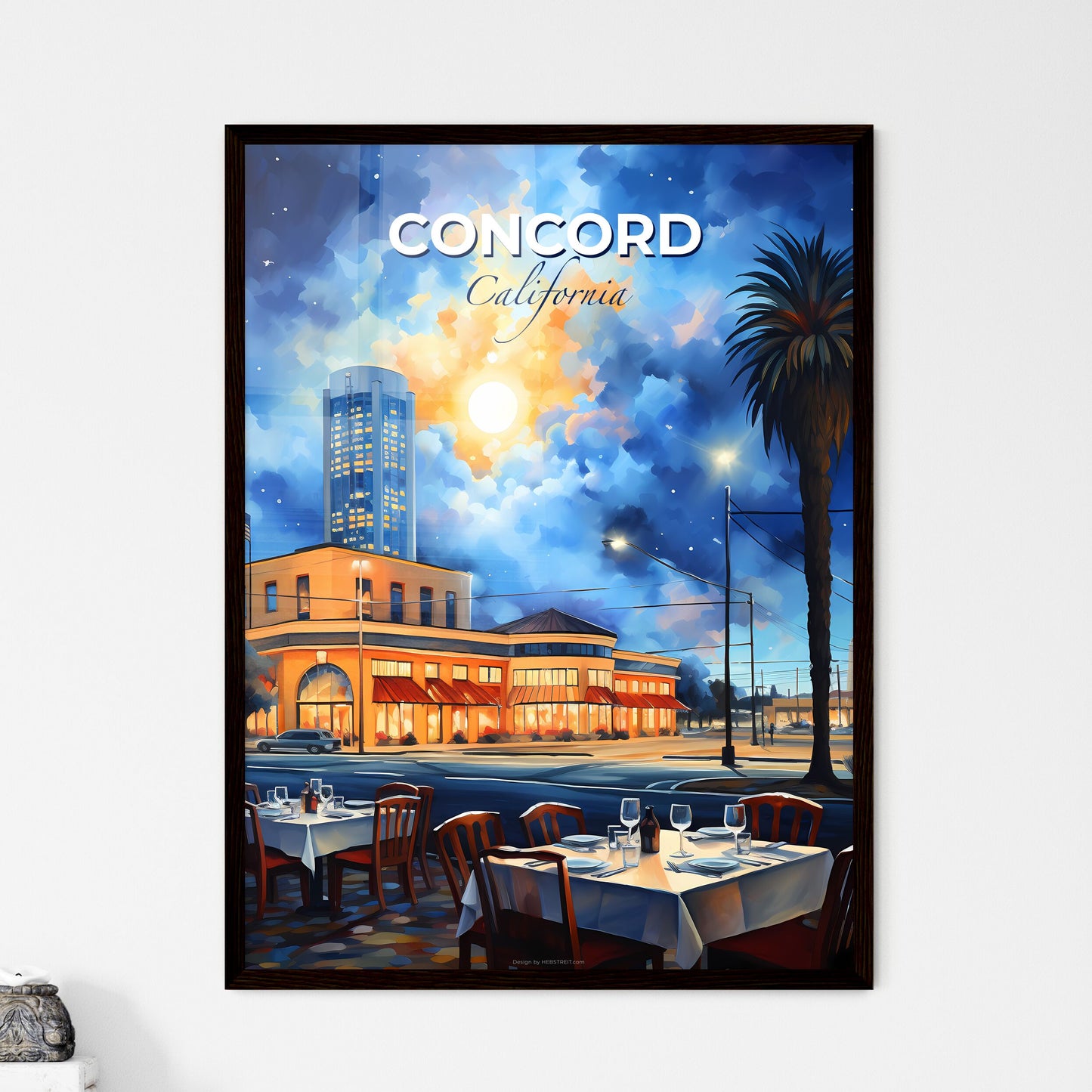 Concord, California, A Poster of a painting of a street with tables and chairs and palm trees Default Title