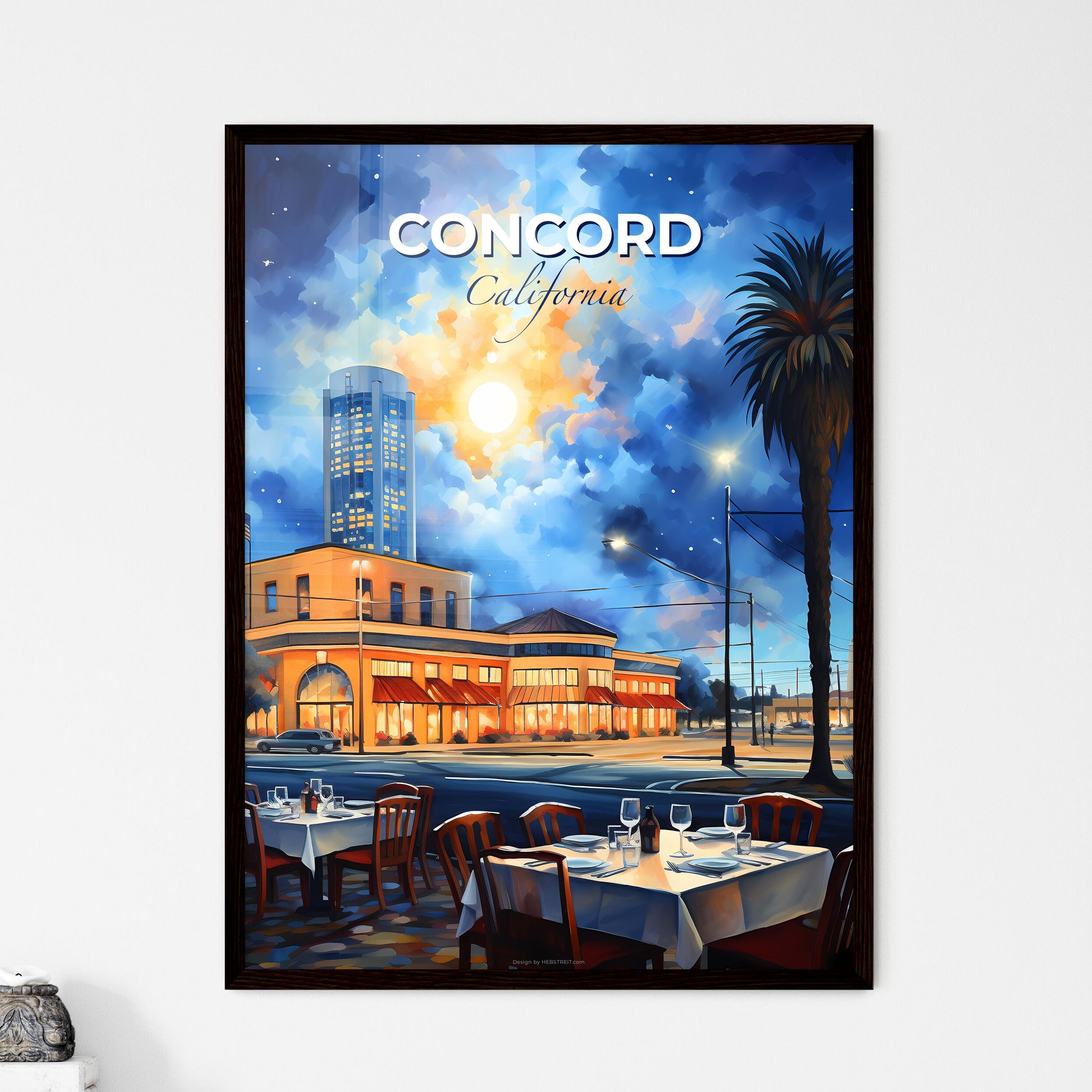 Concord, California, A Poster of a painting of a street with tables and chairs and palm trees Default Title