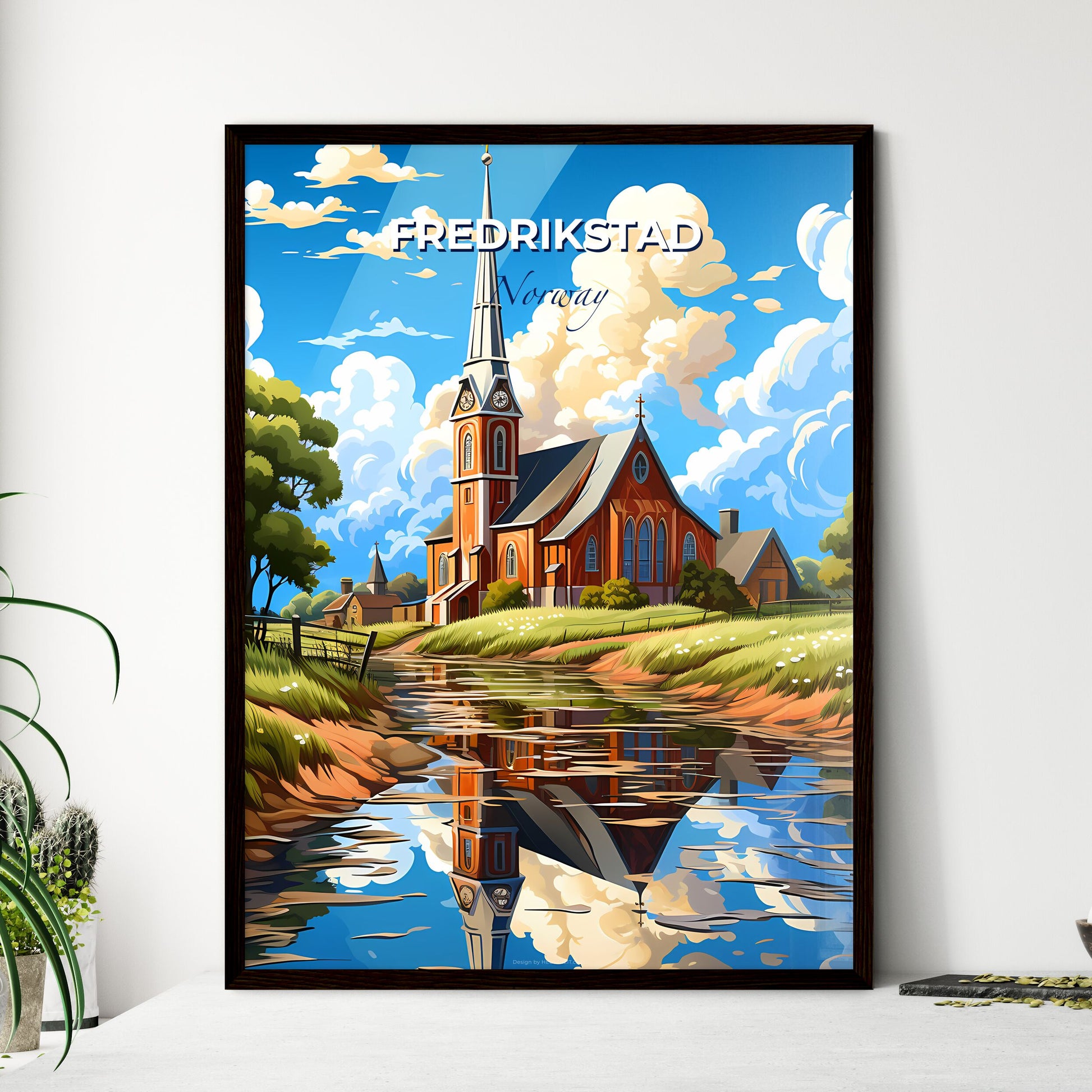 Fredrikstad, Norway, A Poster of a church with a steeple and a river Default Title