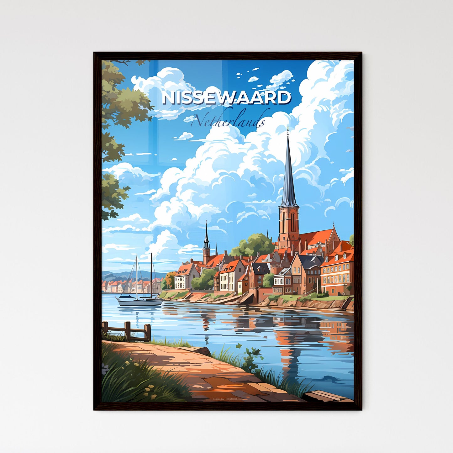 Nissewaard, Netherlands, A Poster of a water body with a church and a boat on it Default Title