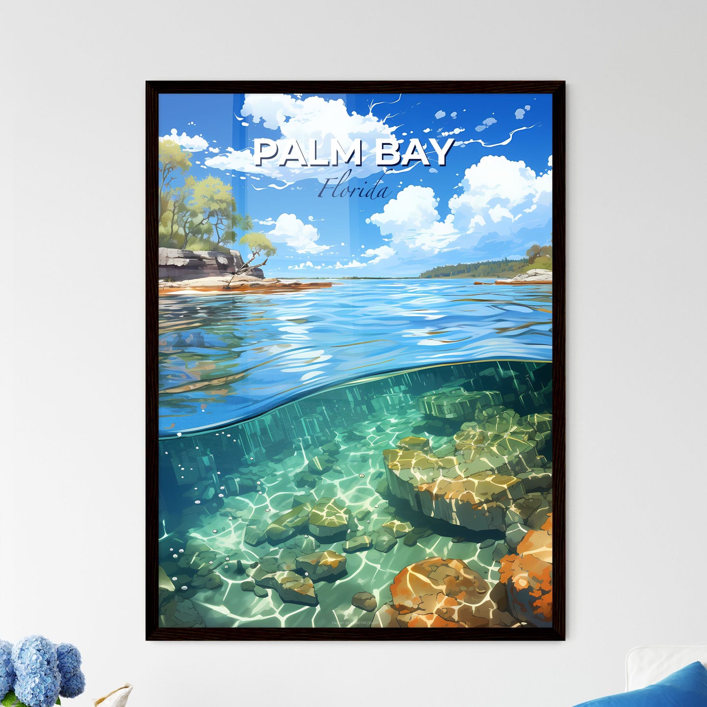 Palm Bay, Florida, A Poster of a water surface with rocks and trees Default Title
