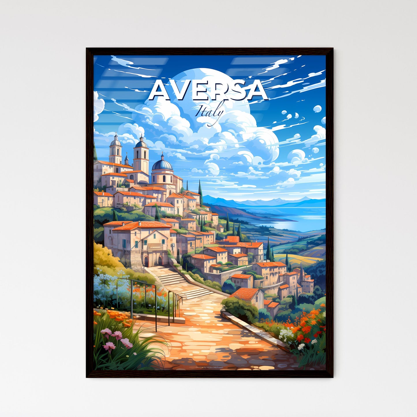 Aversa, Italy, A Poster of a landscape of a town with a staircase and a lake Default Title