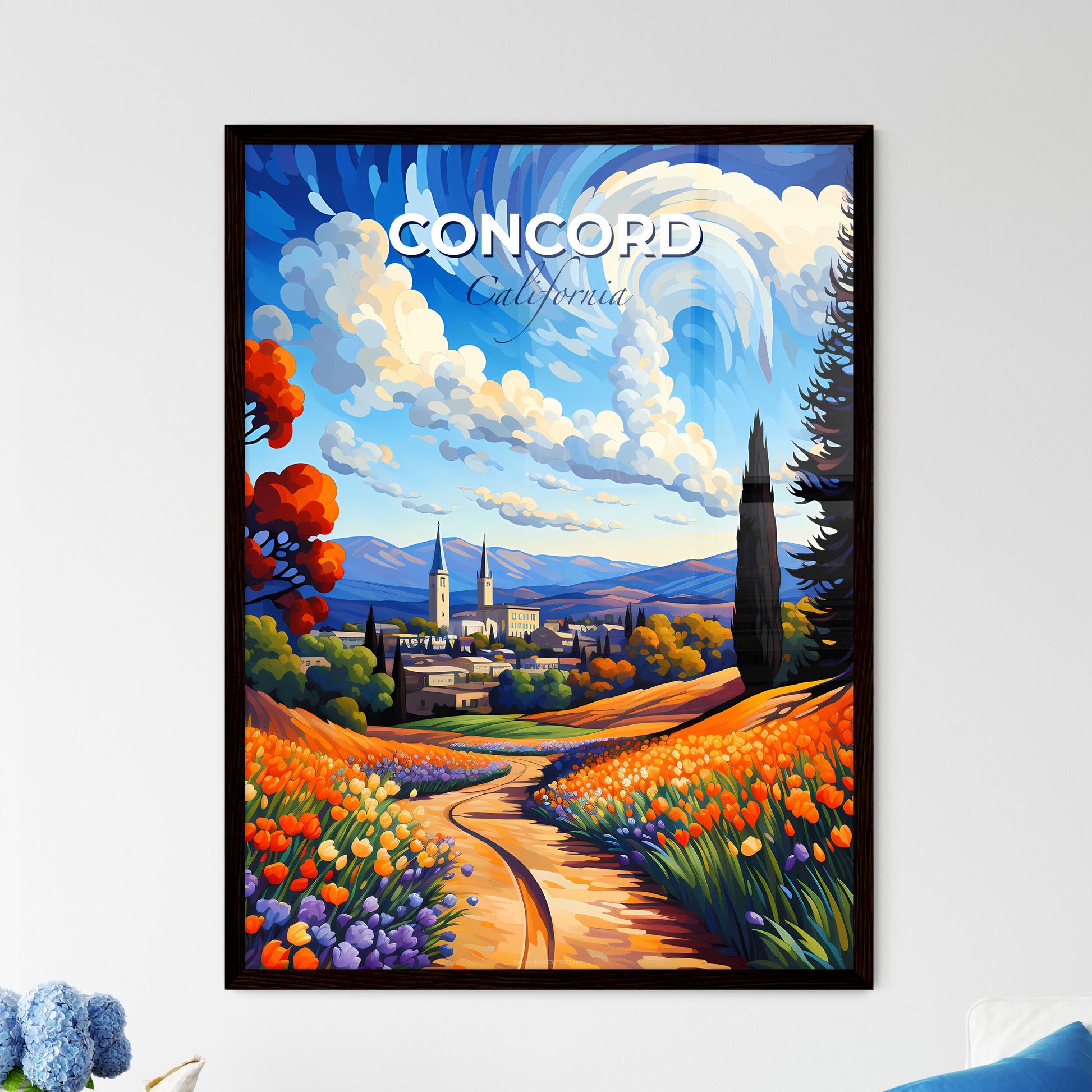 Concord, California, A Poster of a painting of a landscape with a road and flowers Default Title