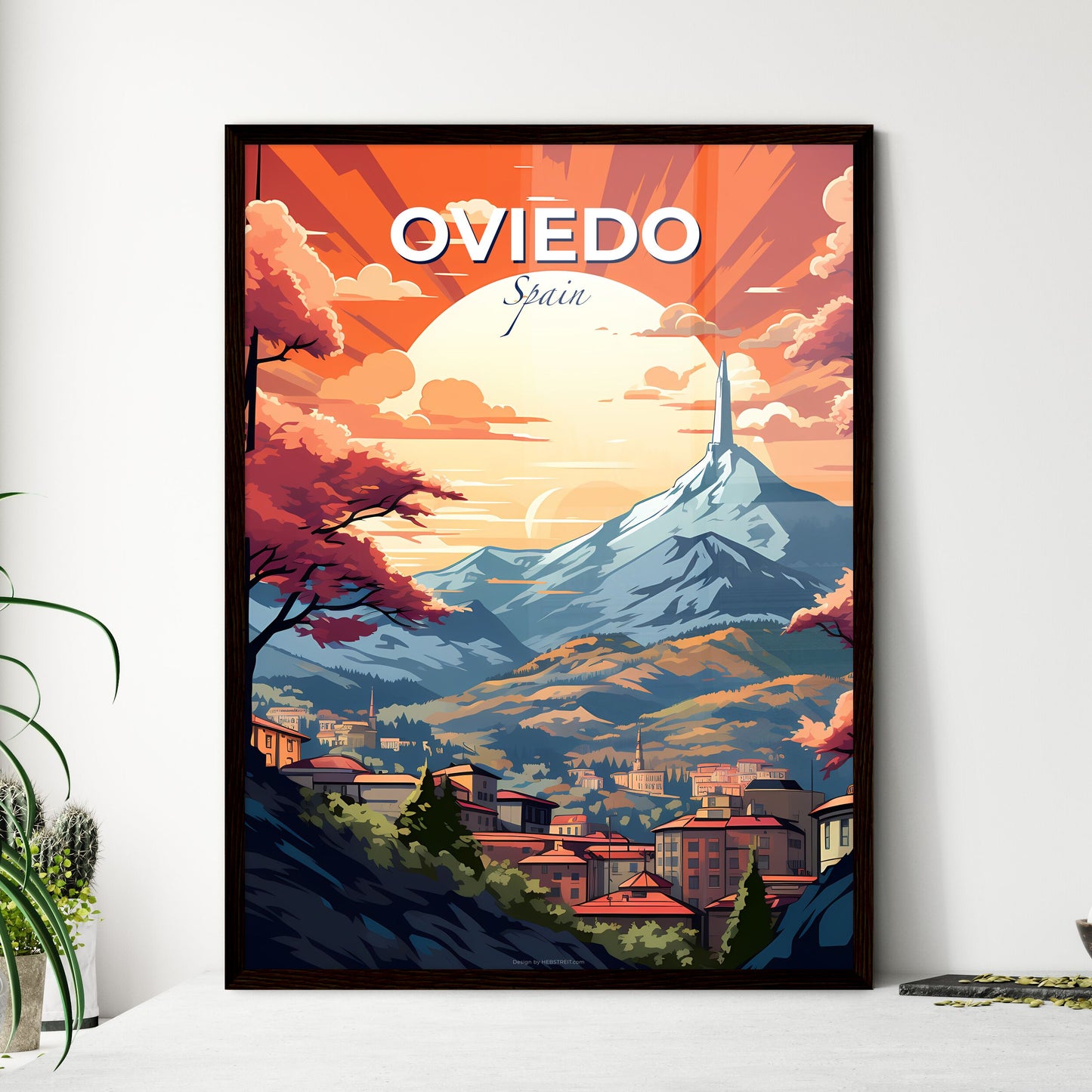 Oviedo, Spain, A Poster of a landscape of a city with mountains and trees Default Title