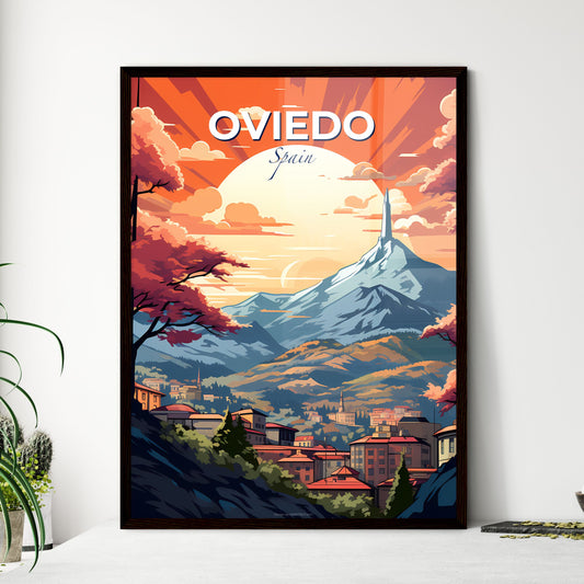 Oviedo, Spain, A Poster of a landscape of a city with mountains and trees Default Title