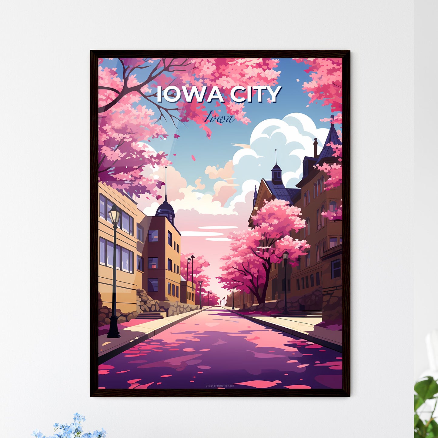 Iowa City, Iowa, A Poster of a street with pink trees and buildings Default Title
