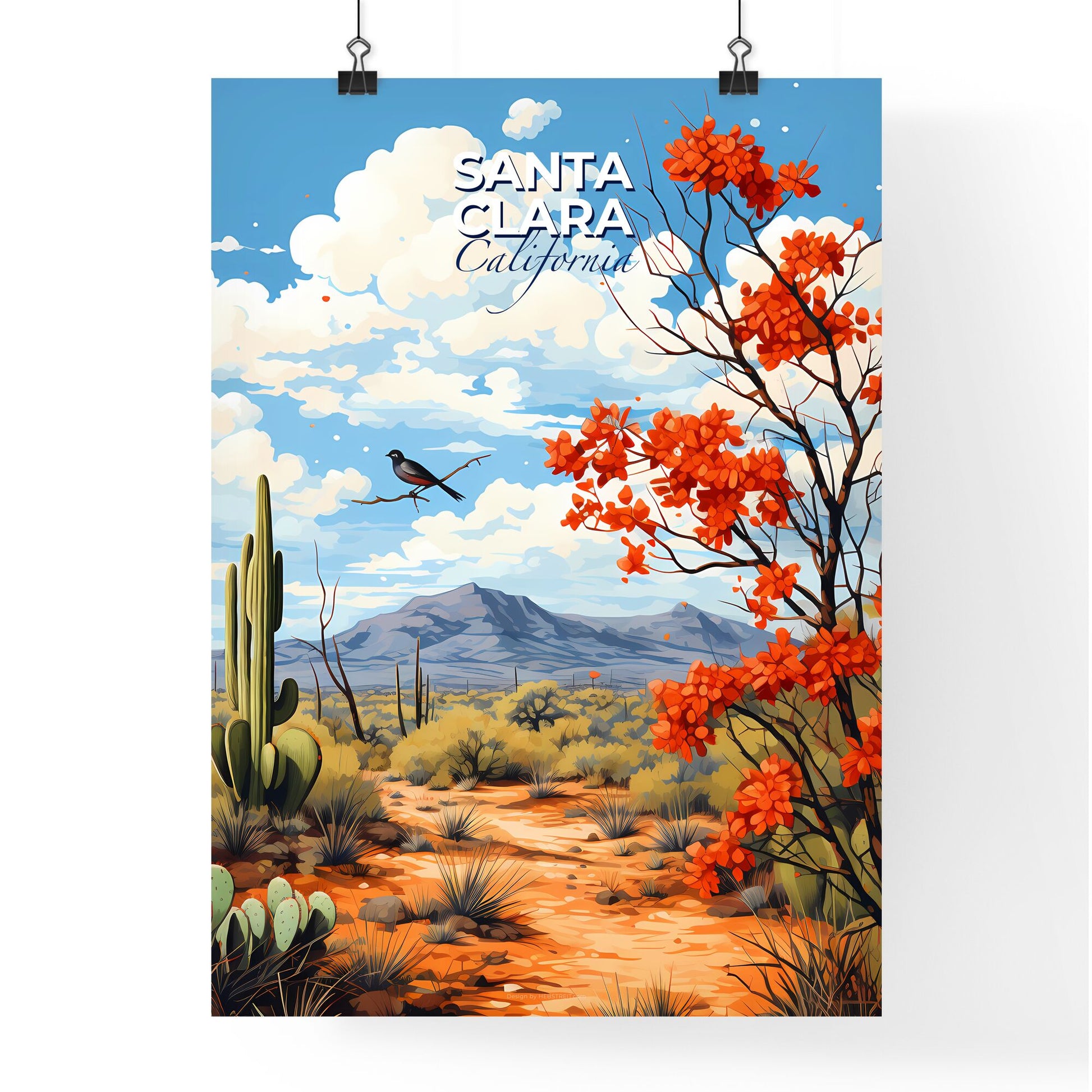 Santa Clara, California, A Poster of a landscape with cactus and a bird Default Title