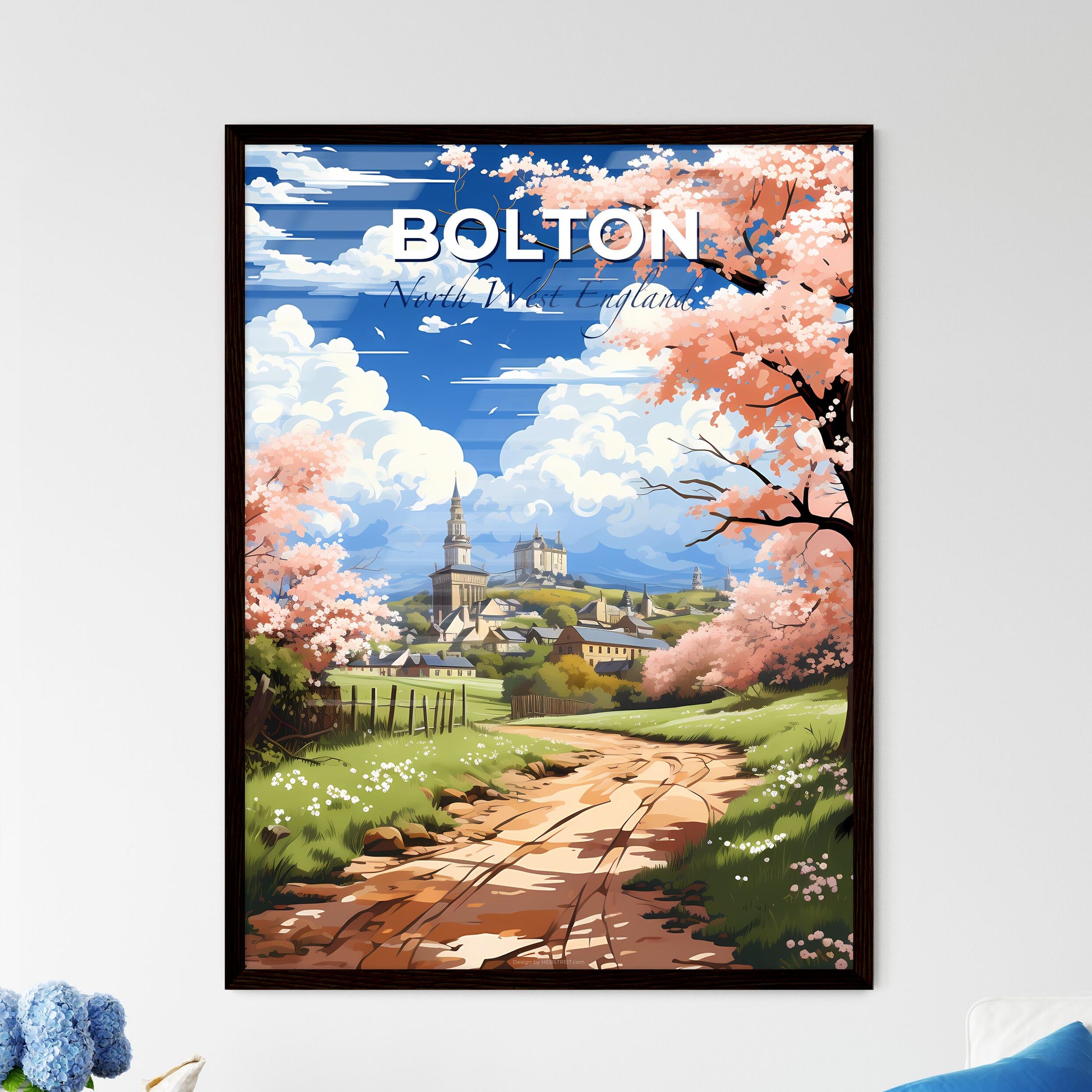 Bolton, North West England, A Poster of a road with pink flowers and trees in front of a building Default Title