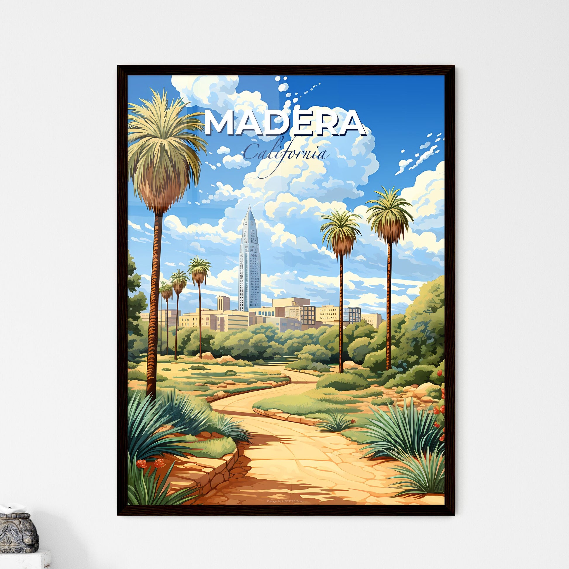 Madera, California, A Poster of a path through a park with palm trees and a city in the background Default Title