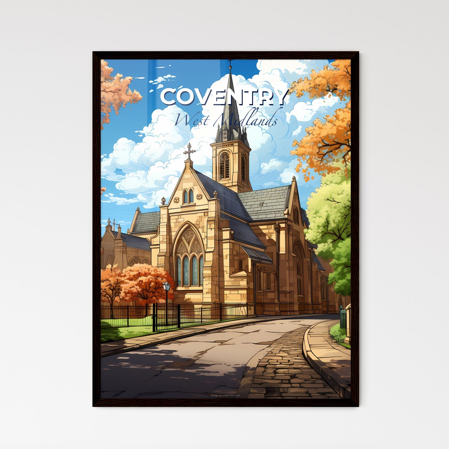 Coventry, West Midlands, A Poster of a church with a steeple and trees Default Title