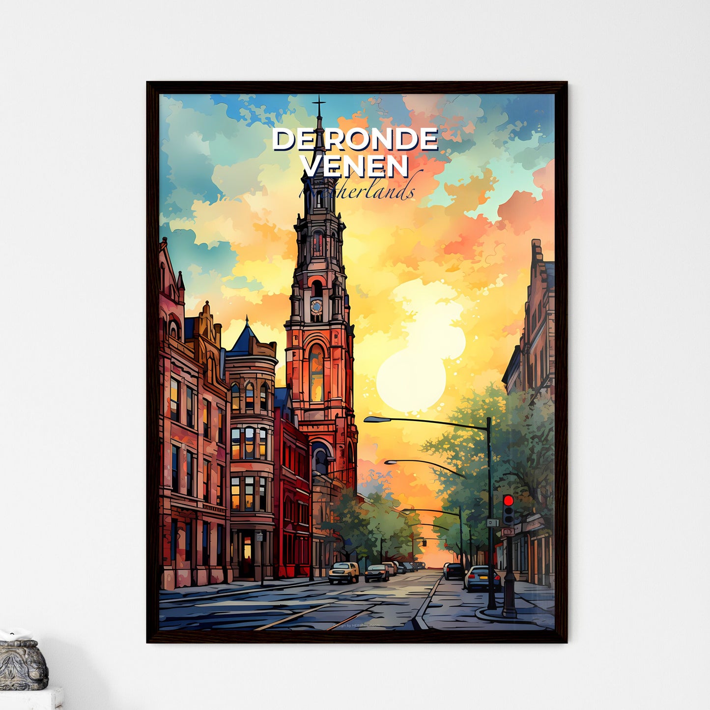De Ronde Venen, Netherlands, A Poster of a street with a tall tower and cars on it Default Title
