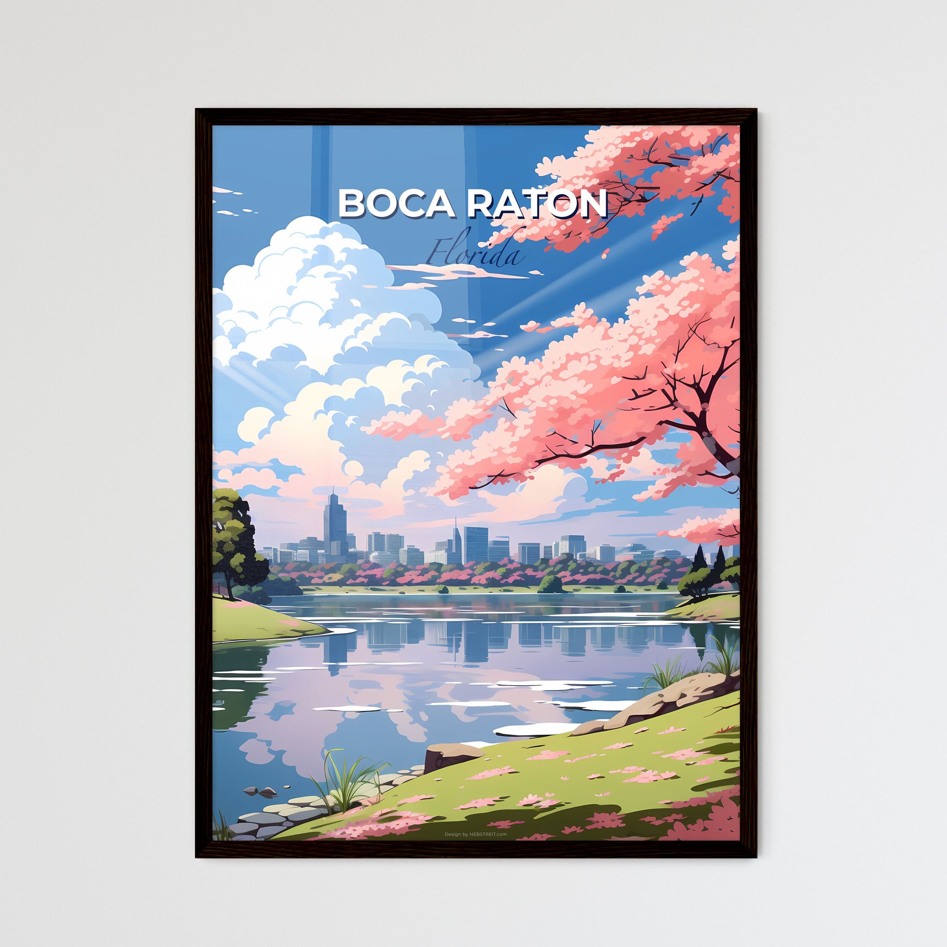 Boca Raton, Florida, A Poster of a landscape of a lake with pink trees and a city in the background Default Title