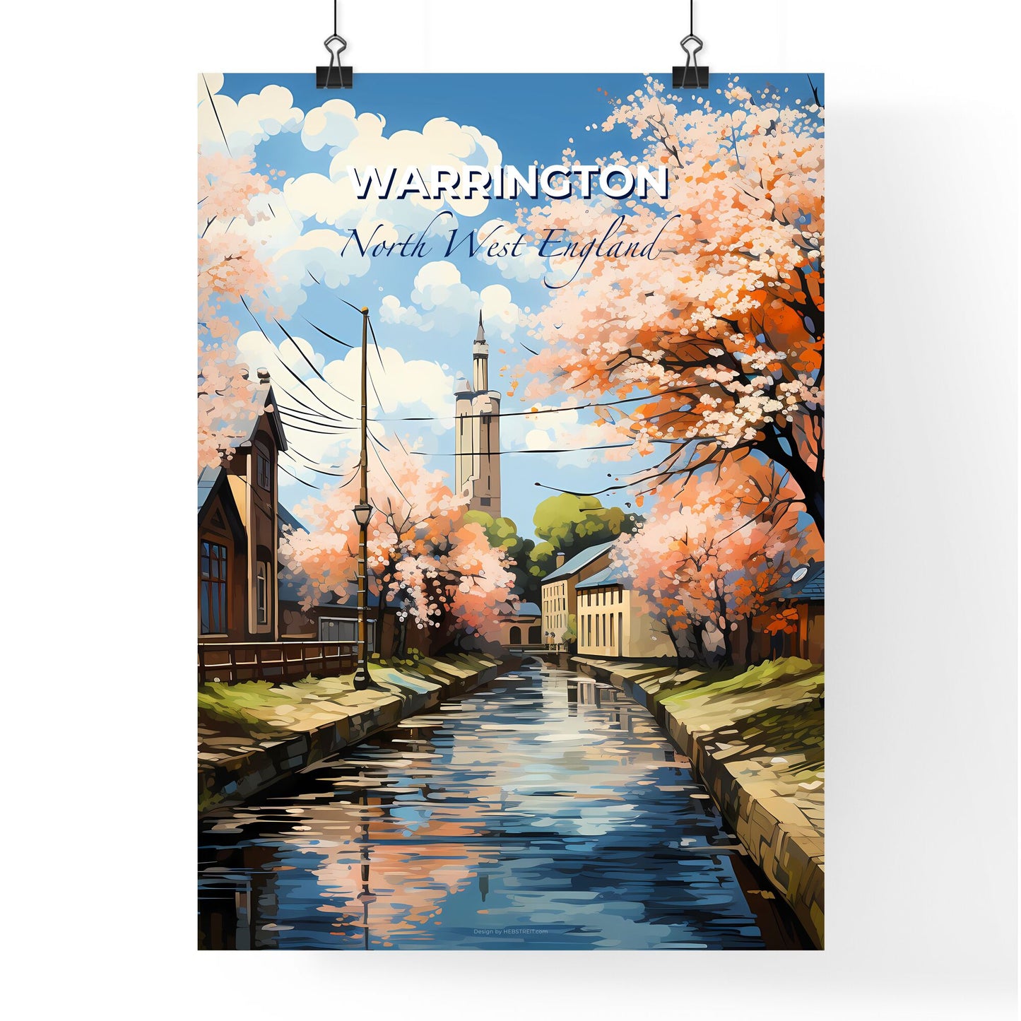 Warrington, North West England, A Poster of a water canal with trees and buildings in the background Default Title