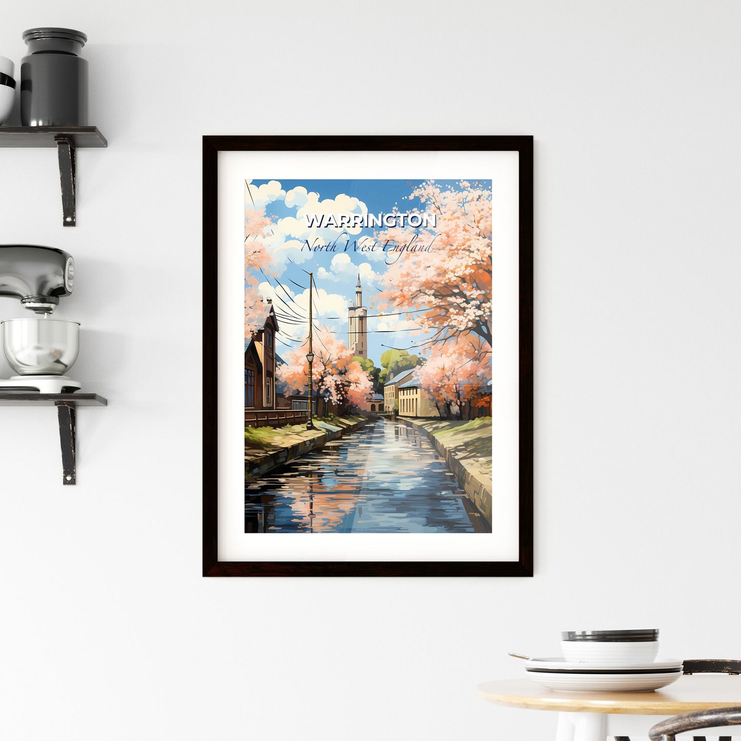 Warrington, North West England, A Poster of a water canal with trees and buildings in the background Default Title