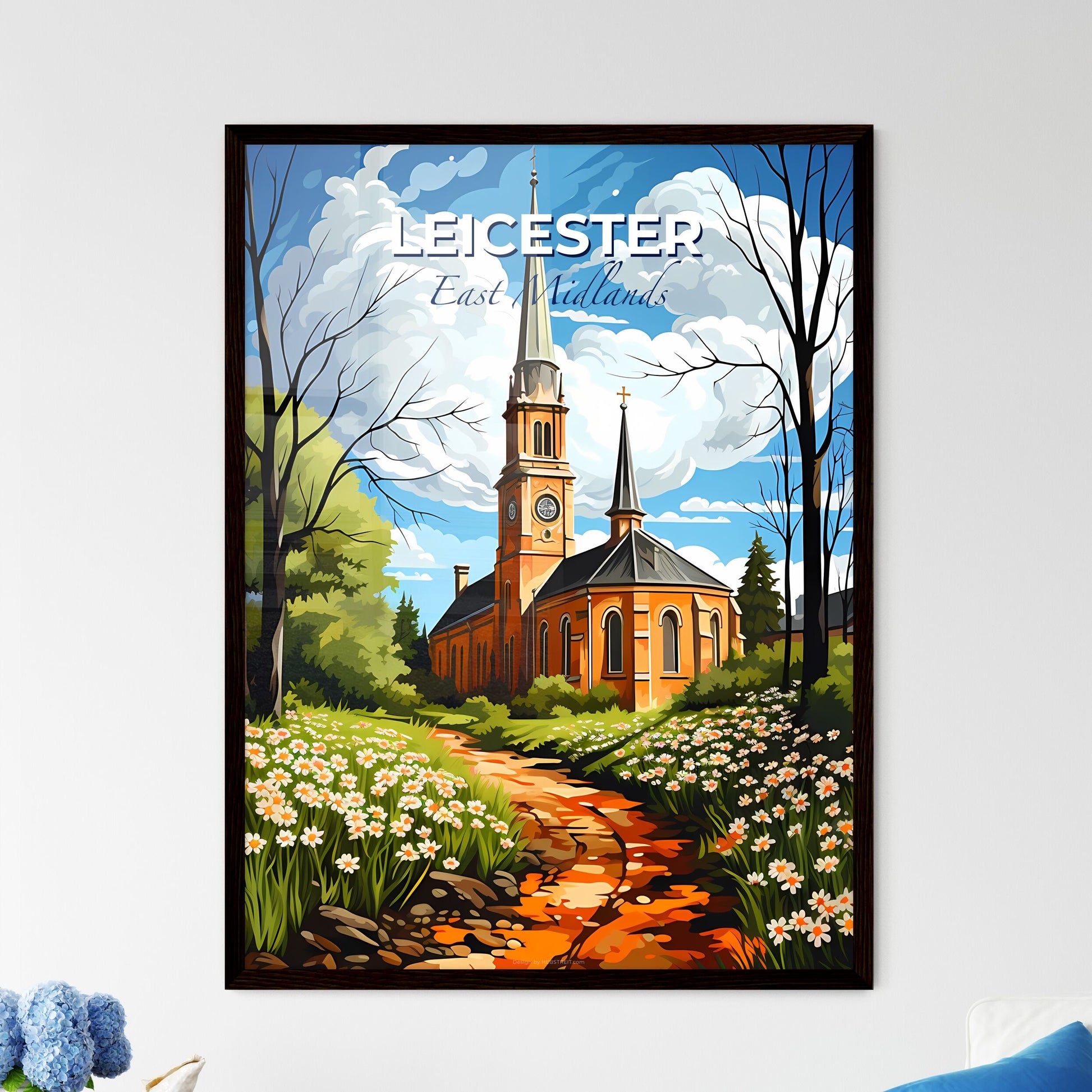 Leicester, East Midlands, A Poster of a church with a clock tower and flowers Default Title