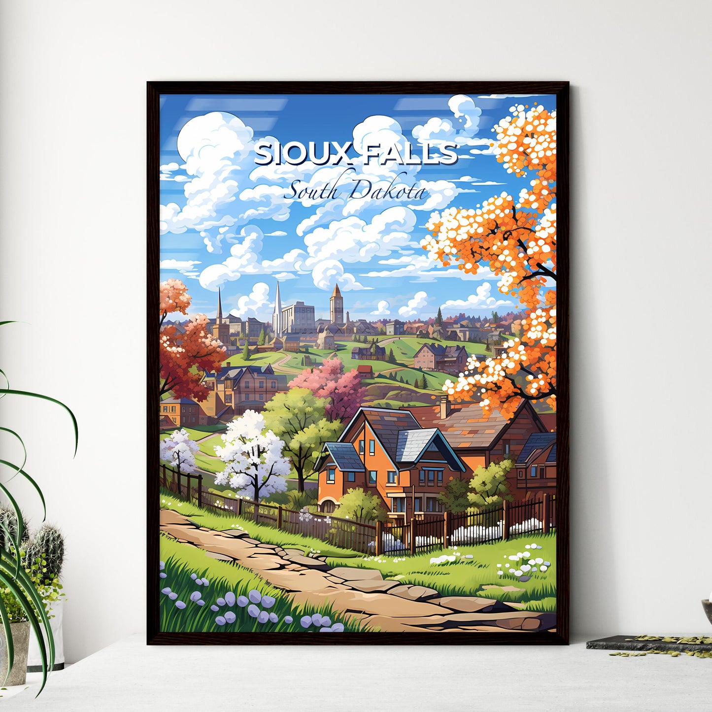 Sioux Falls, South Dakota, A Poster of a landscape of a town with trees and a fence Default Title