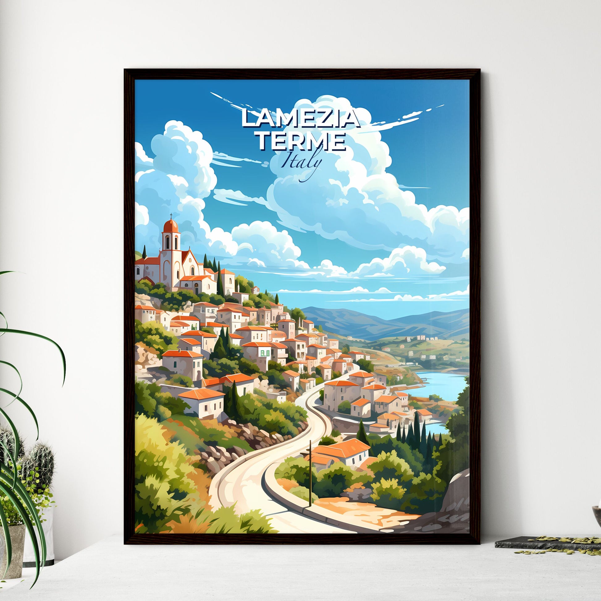 Lamezia Terme, Italy, A Poster of a landscape of a town with a road and trees Default Title