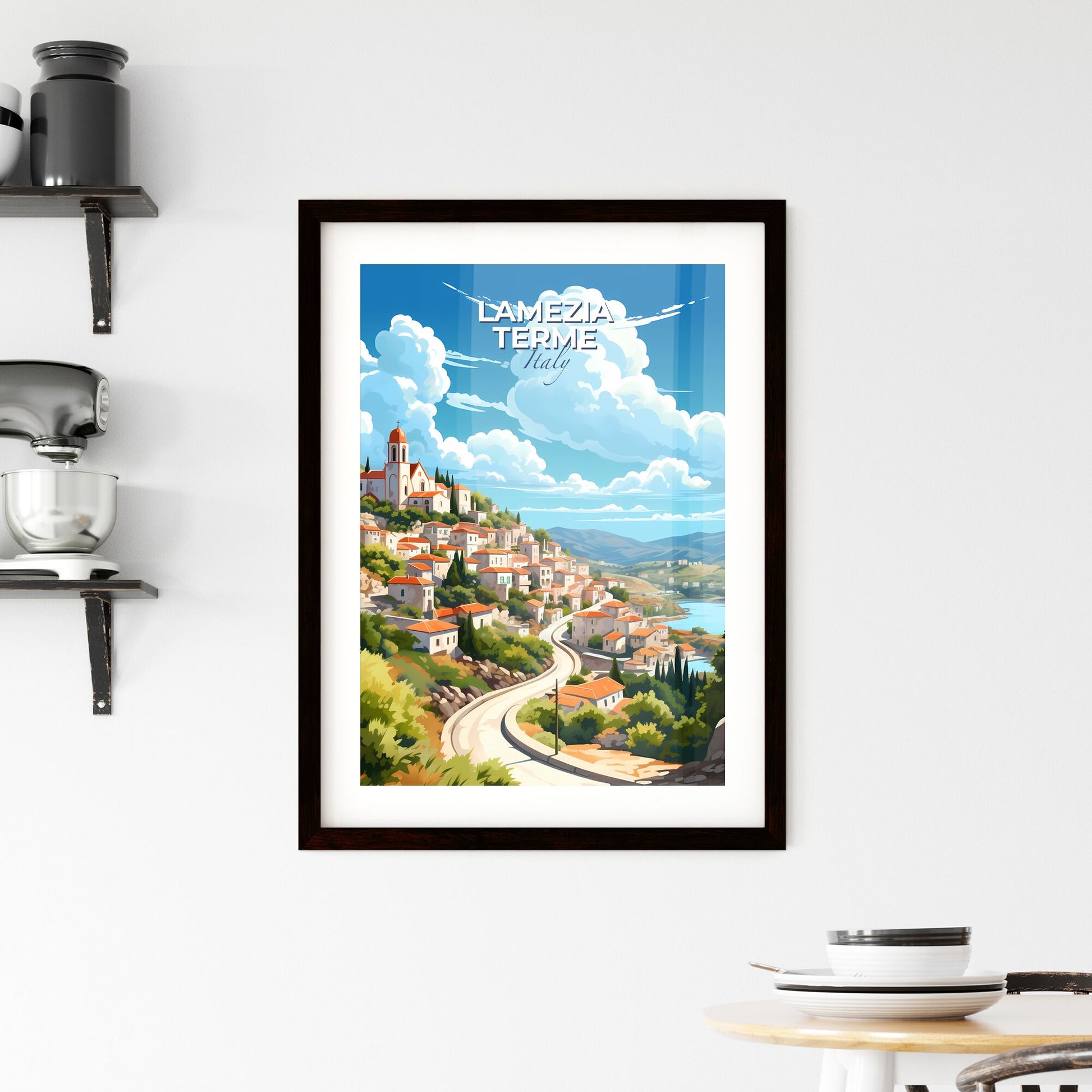 Lamezia Terme, Italy, A Poster of a landscape of a town with a road and trees Default Title