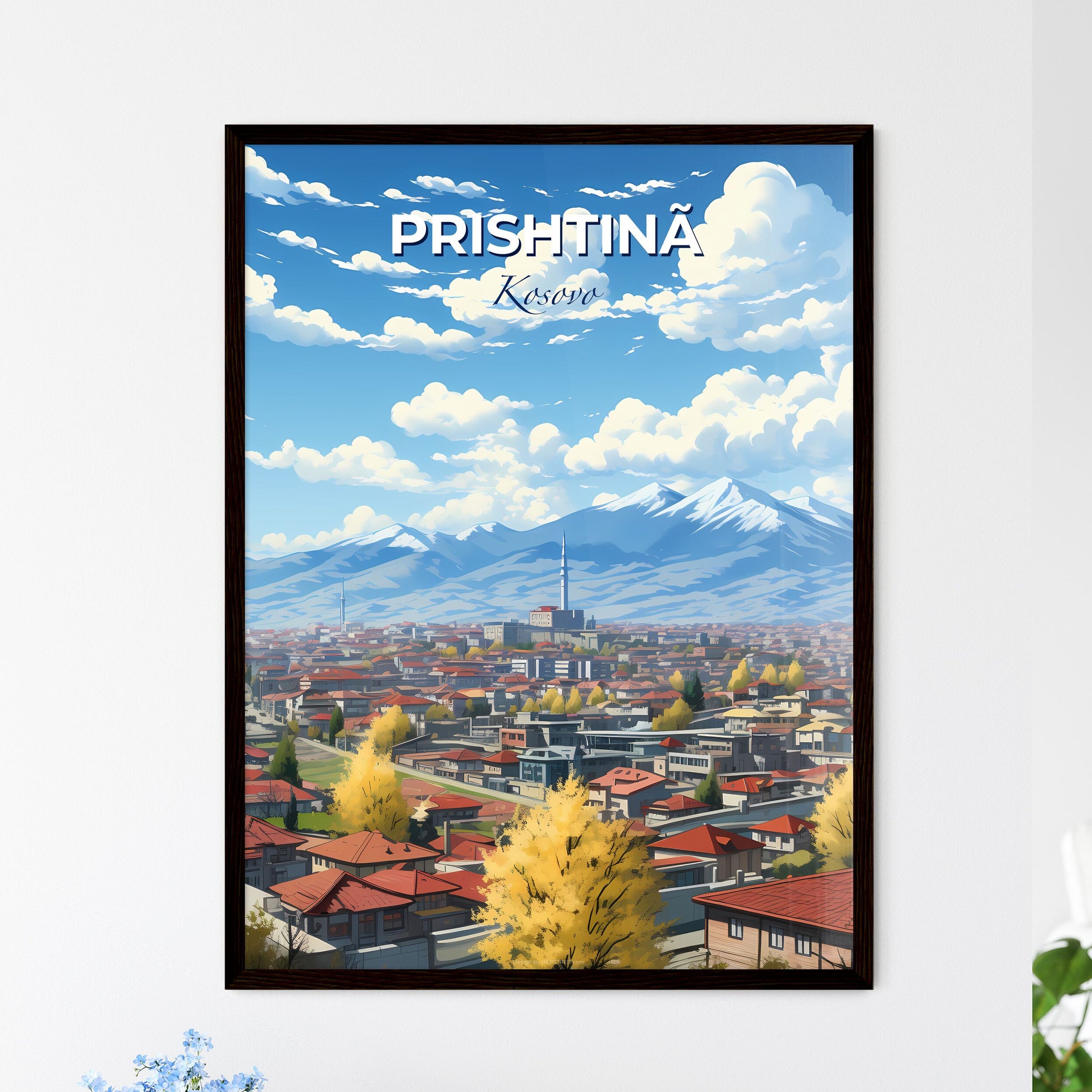 Prishtinã, Kosovo, A Poster of a city with red roofs and trees and mountains in the background Default Title