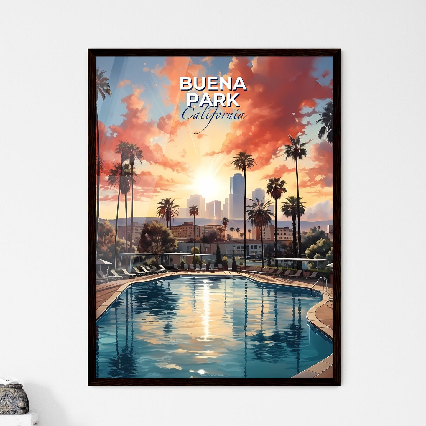 Buena Park, California, A Poster of a pool with palm trees and a city in the background Default Title