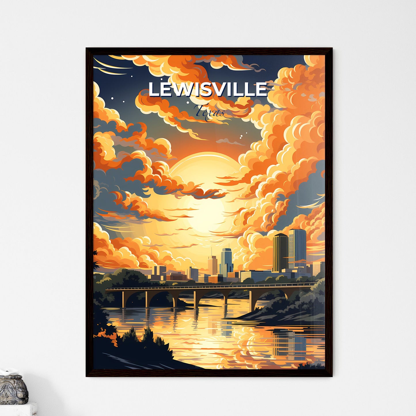 Lewisville, Texas, A Poster of a painting of a city with a bridge and a body of water Default Title