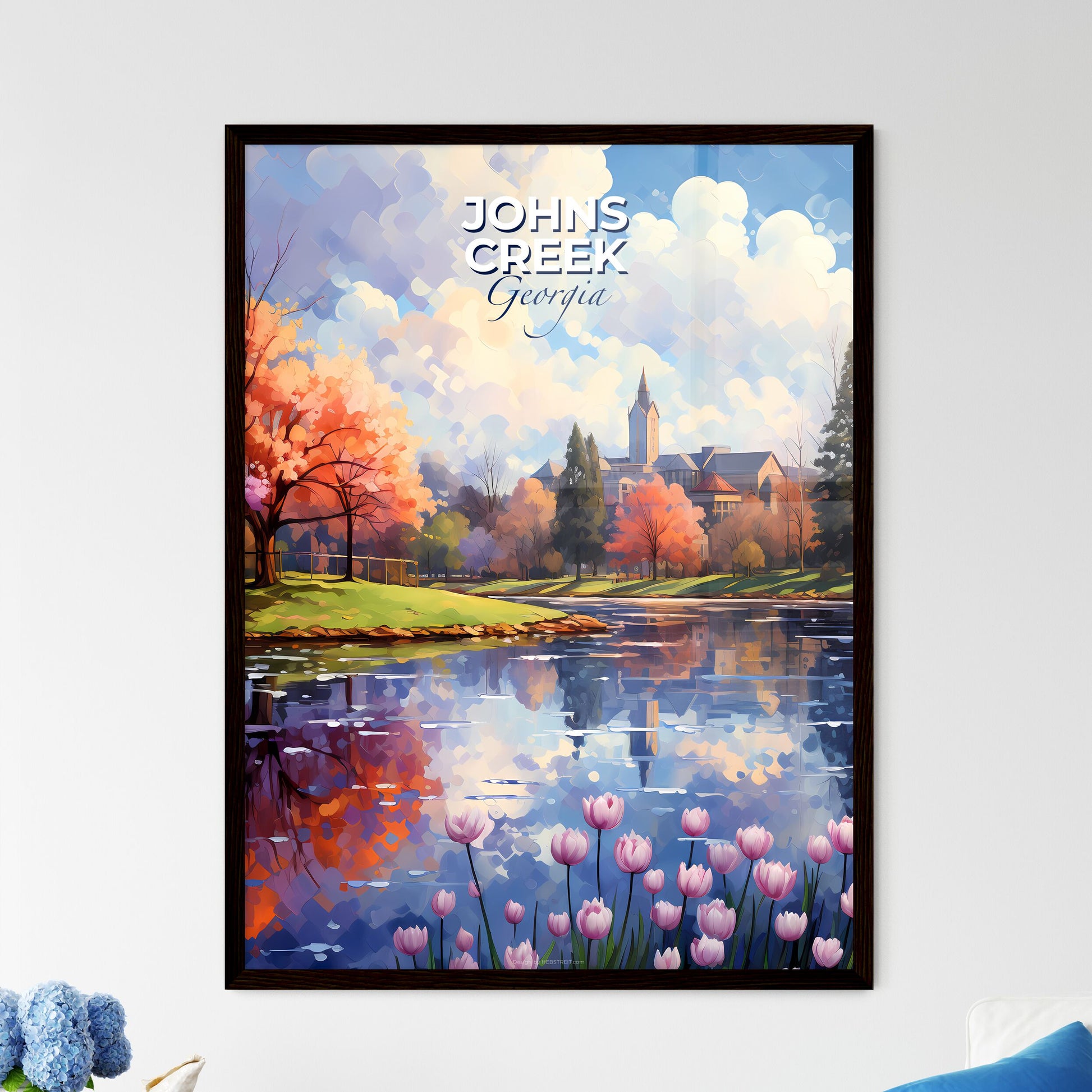 Johns Creek, Georgia, A Poster of a lake with trees and flowers Default Title