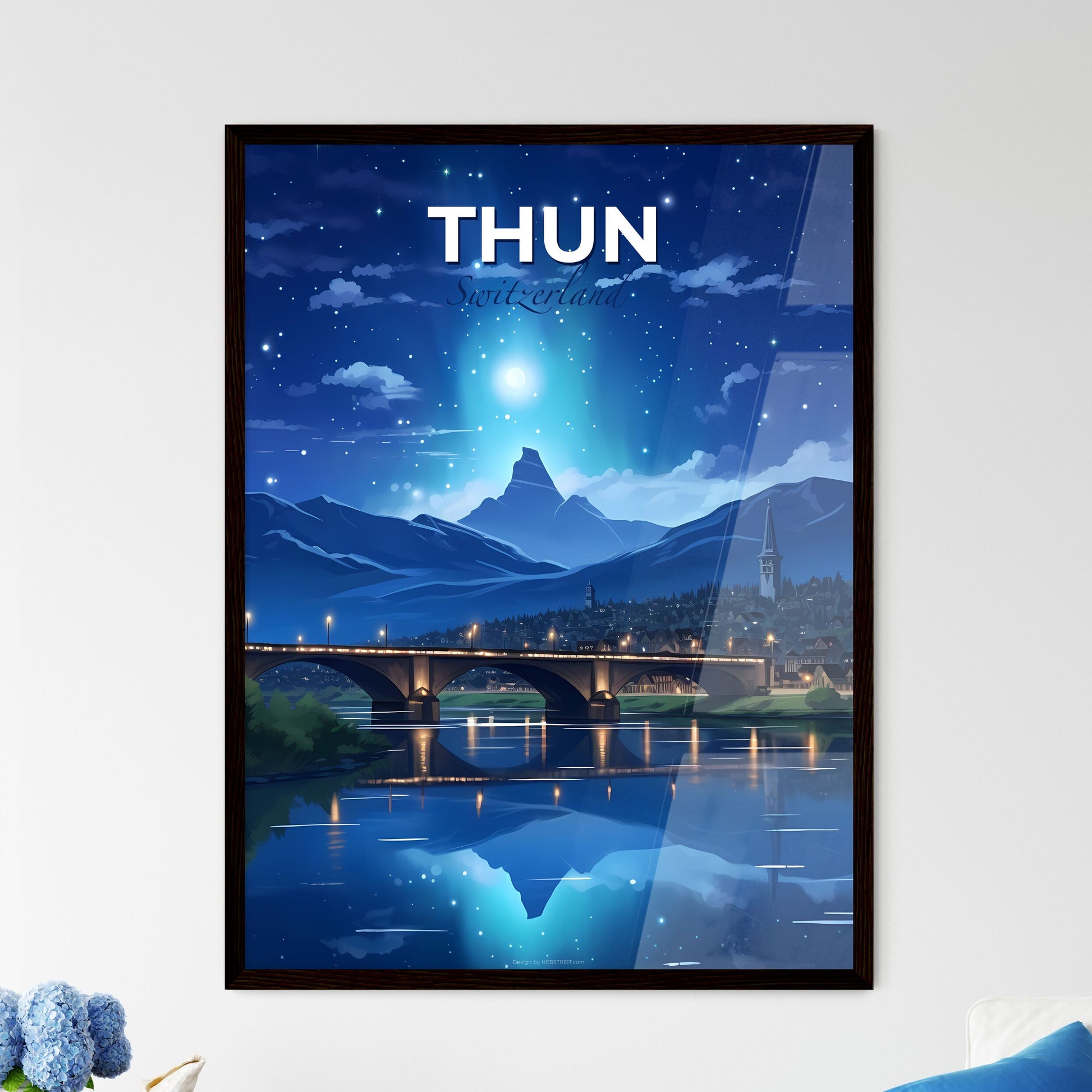 Thun, Switzerland, A Poster of a bridge over a river with a city and mountains in the background Default Title