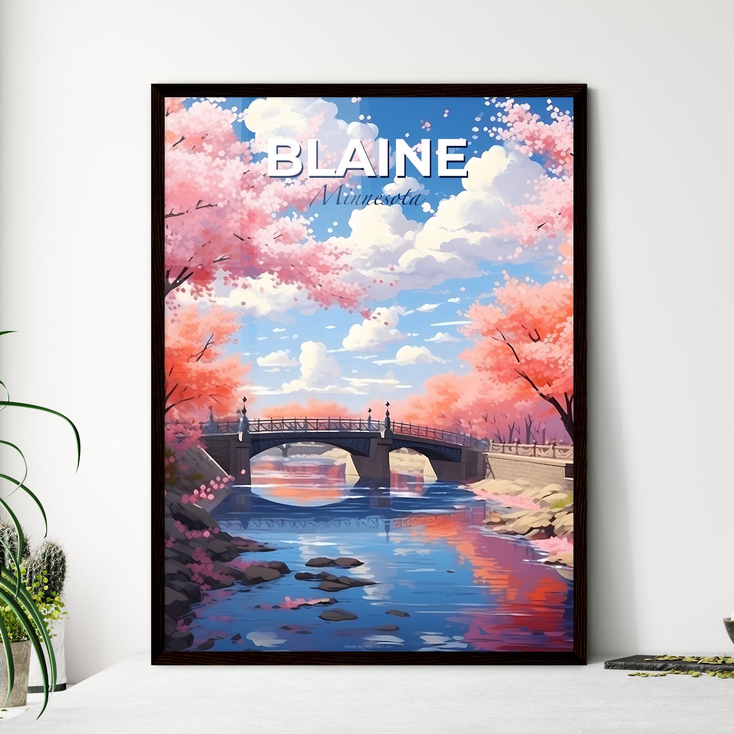 Blaine, Minnesota, A Poster of a bridge over a river with pink trees Default Title