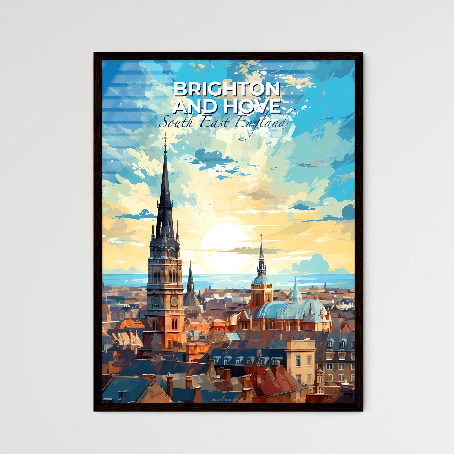 Brighton And Hove, South East England, A Poster of a city with a steeple and a sunset Default Title