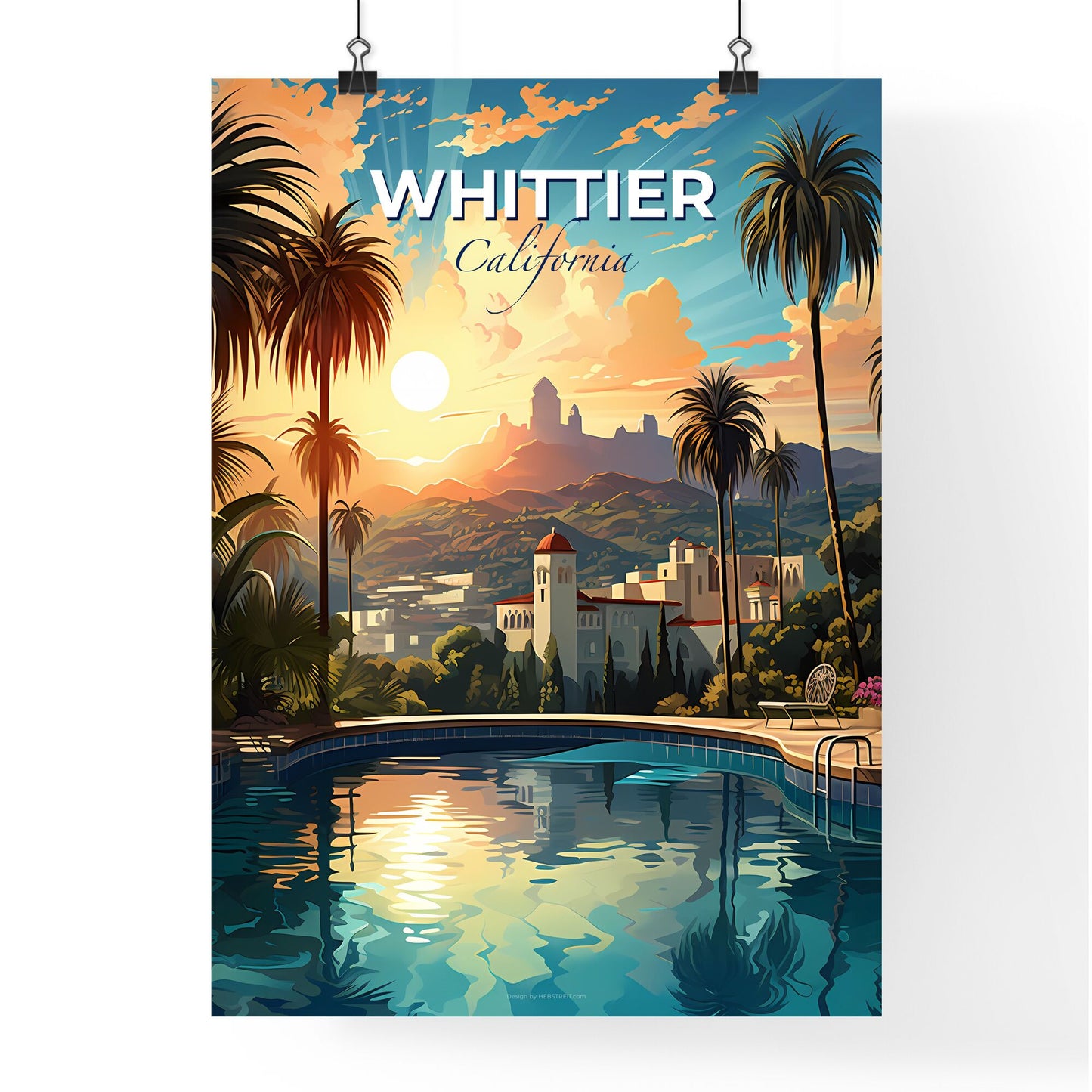 Whittier, California, A Poster of a pool with palm trees and buildings in the background Default Title