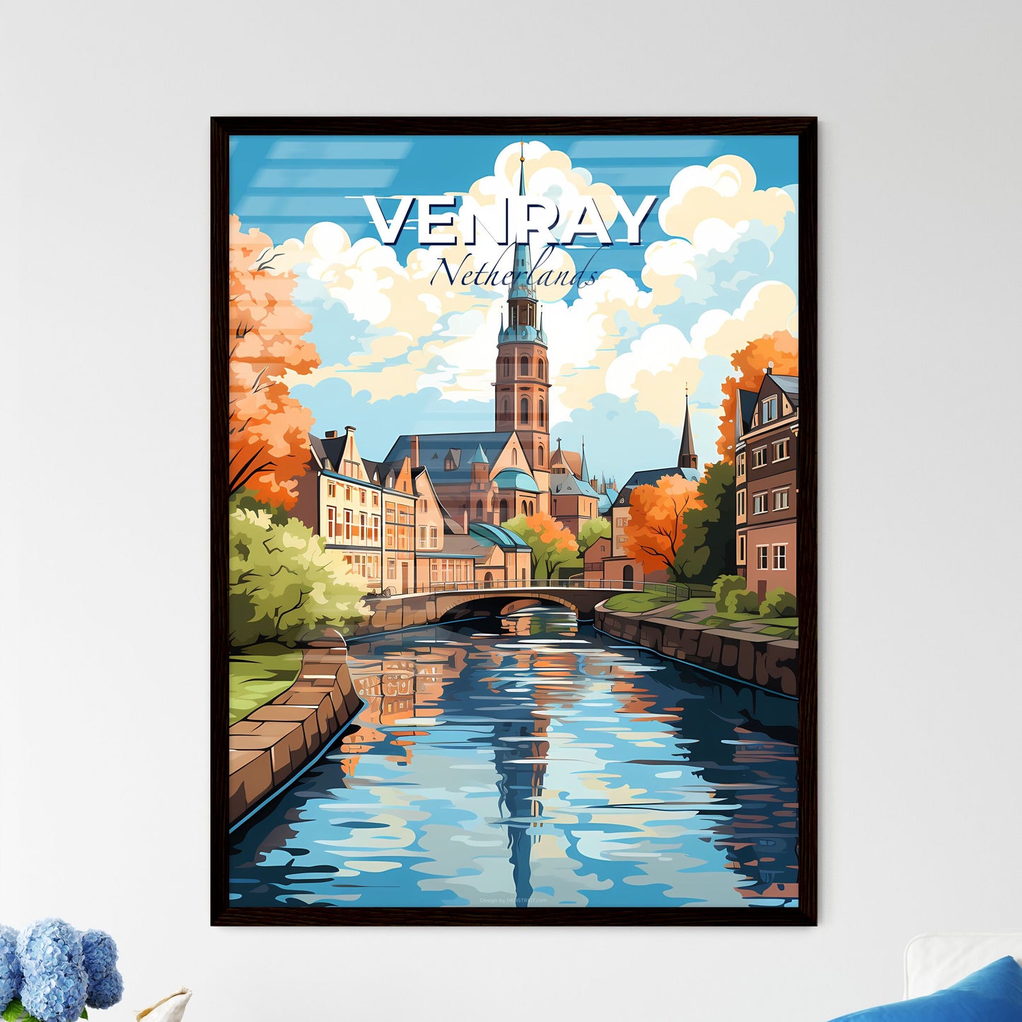 Venray, Netherlands, A Poster of a river with a bridge and a church in the background Default Title