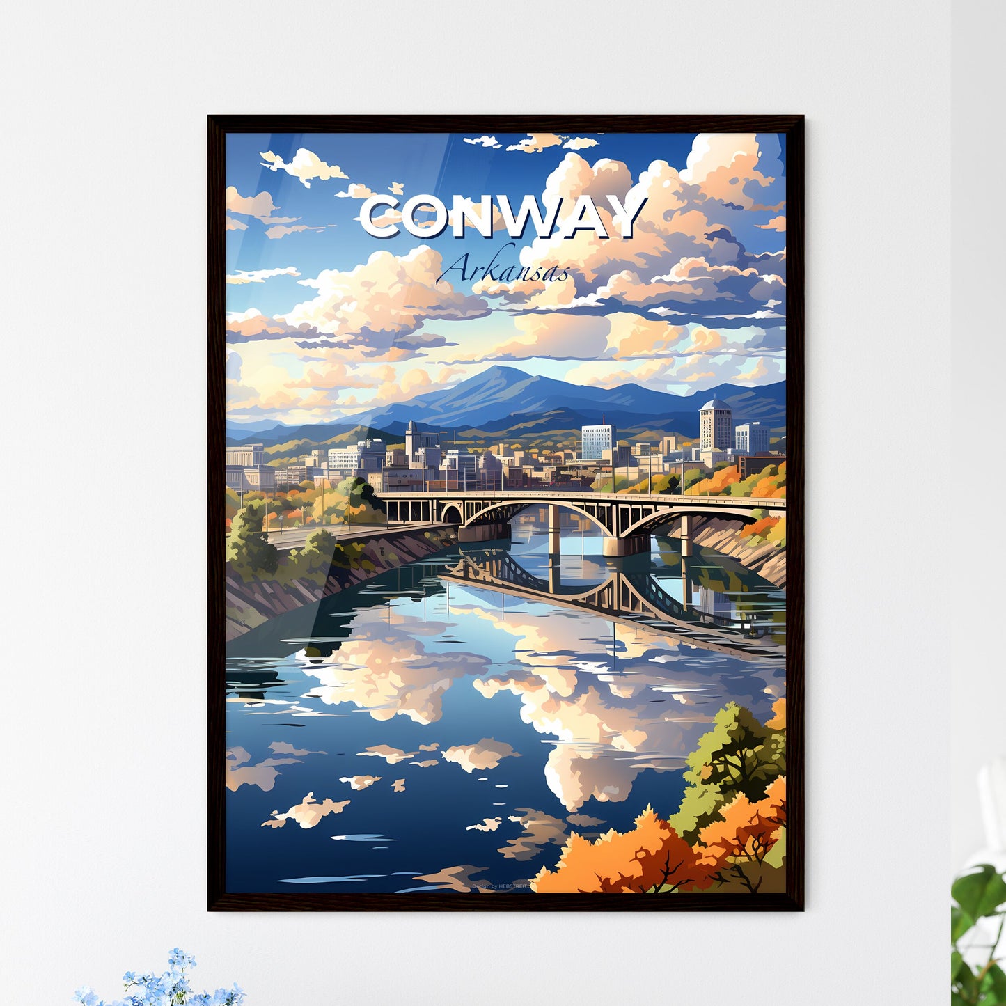 Conway, Arkansas, A Poster of a bridge over a river with trees and mountains in the background Default Title