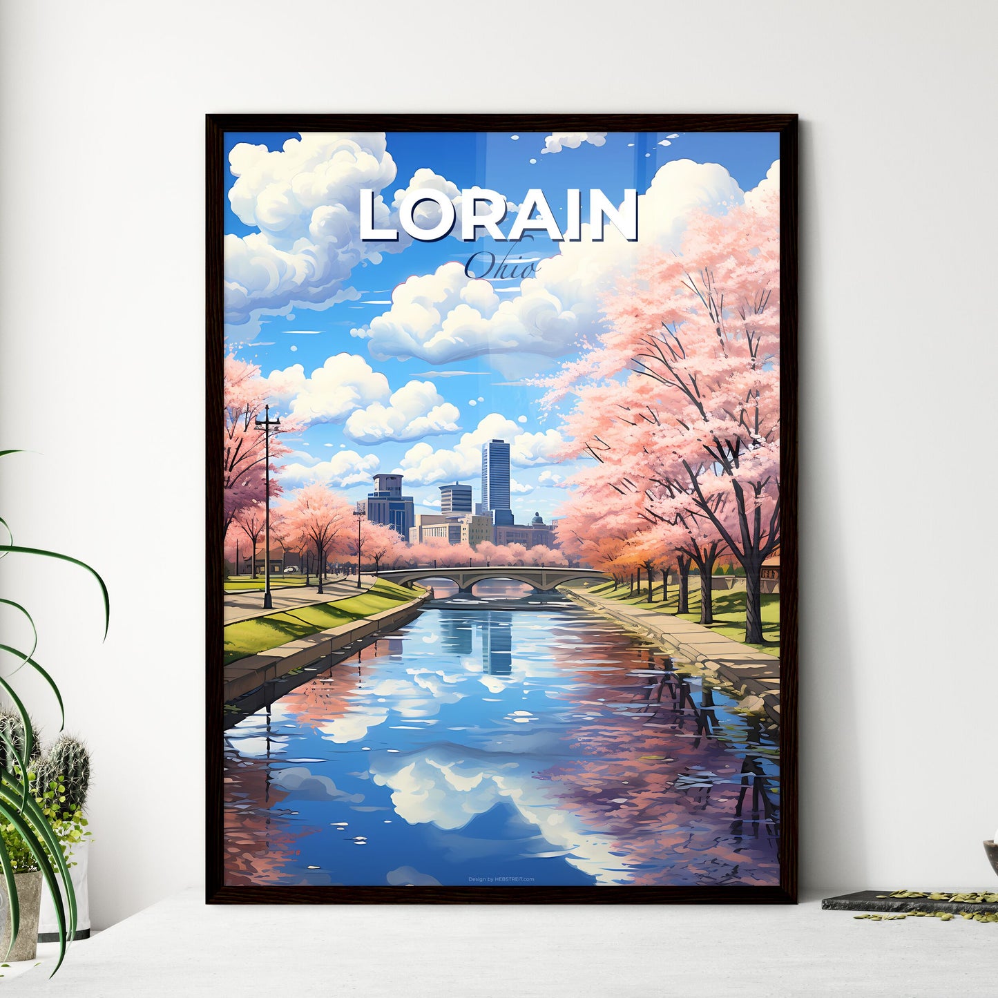 Lorain, Ohio, A Poster of a river with pink trees and a bridge in the background Default Title