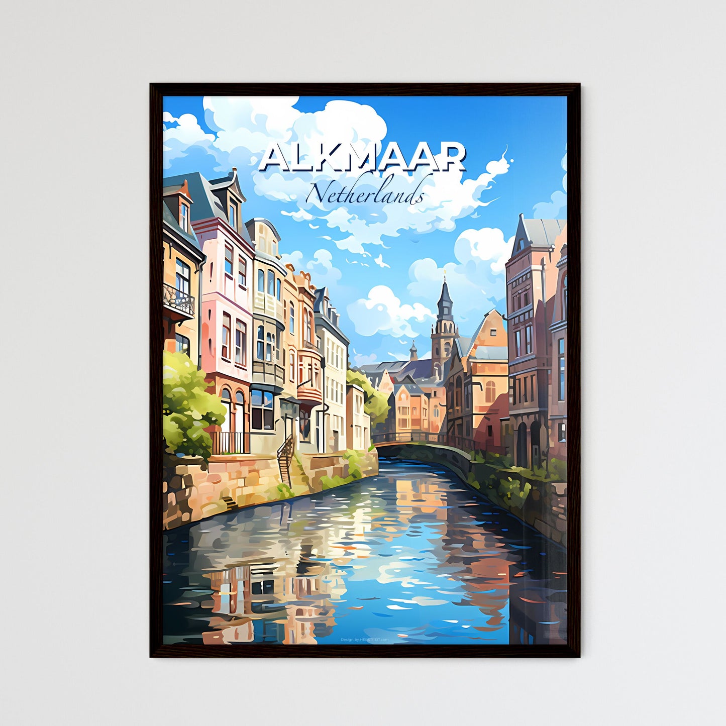 Alkmaar, Netherlands, A Poster of a water way between buildings with Bruges in the background Default Title
