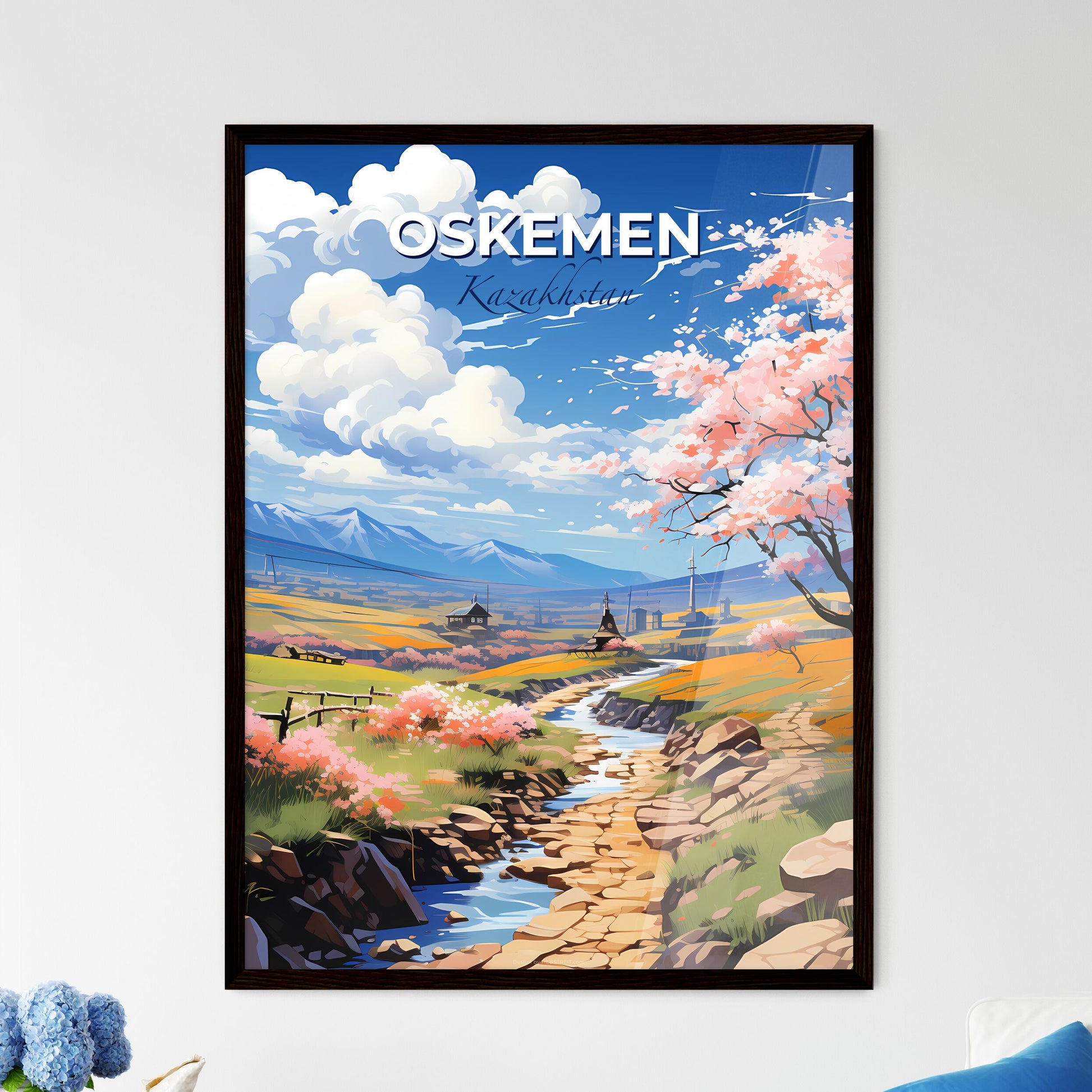 Oskemen, Kazakhstan, A Poster of a stream running through a valley with pink flowers and trees Default Title