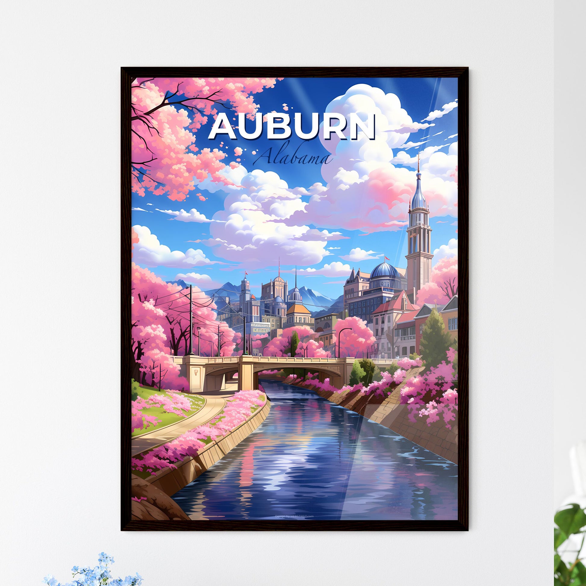 Auburn, Alabama, A Poster of a river with pink trees and buildings and a bridge Default Title