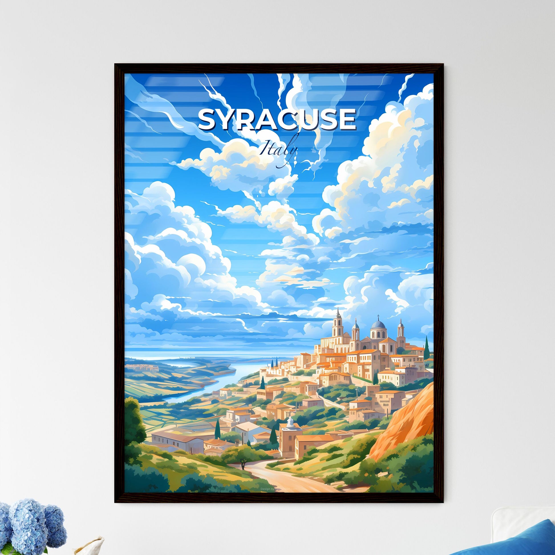 Syracuse, Italy, A Poster of a landscape of a town with a river and clouds Default Title