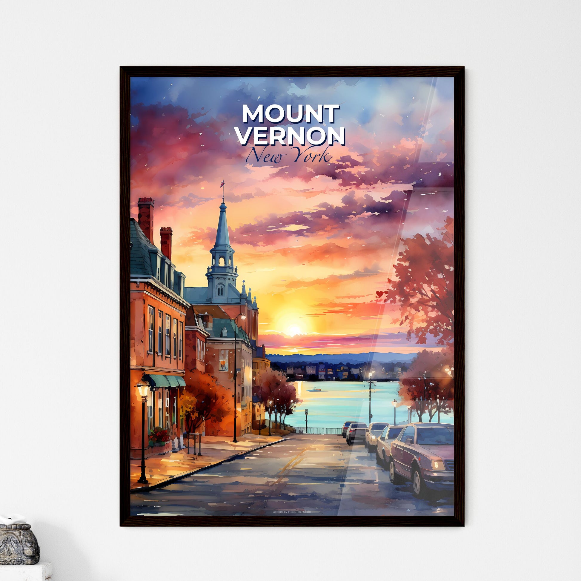 Mount Vernon, New York, A Poster of a street with cars parked on it and a sunset in the background Default Title